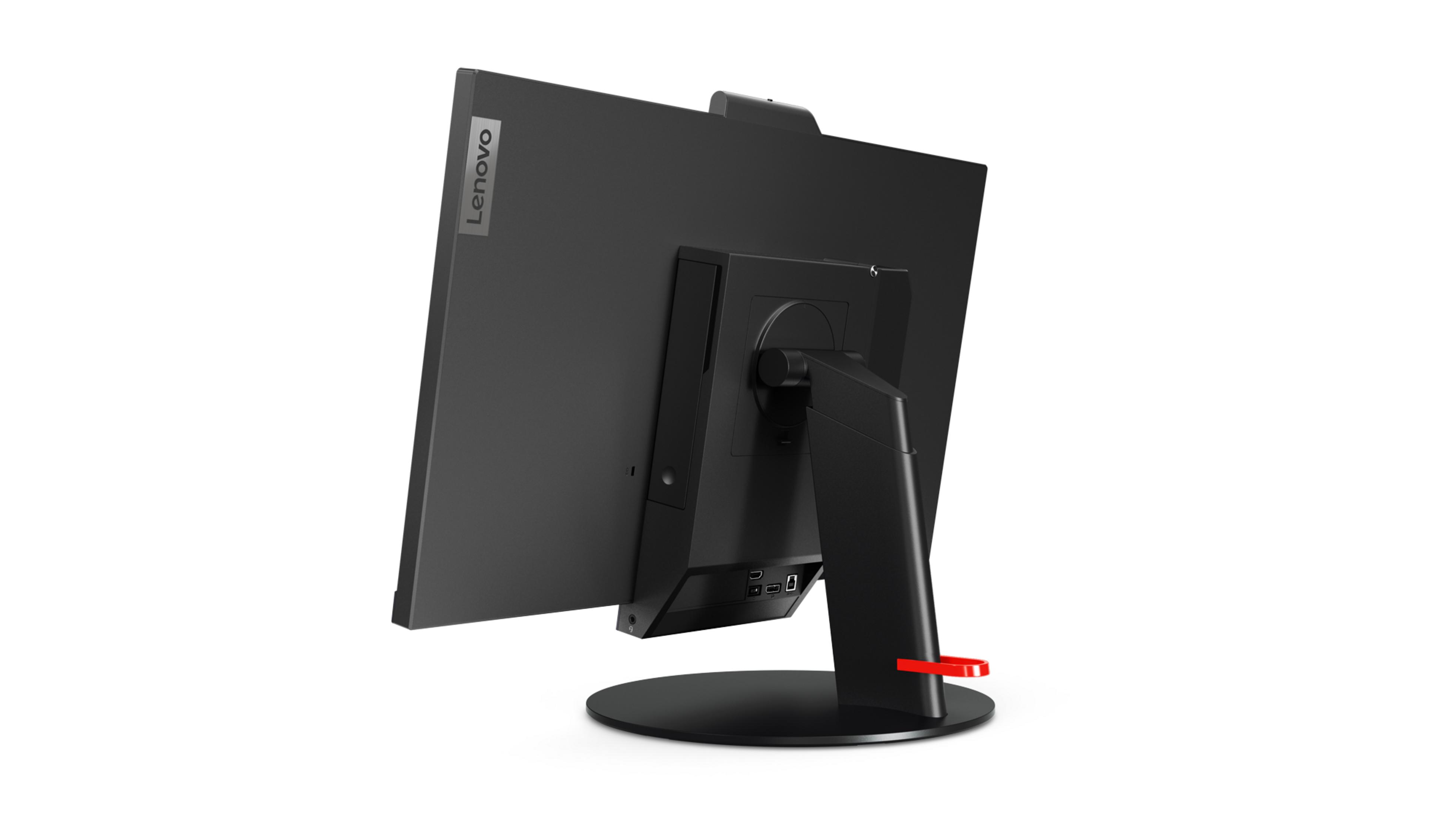 Rückseite eines schwarzen Lenovo Monitors mit silbernem Logo, schwarzem Standfuß und roter Schlaufe.