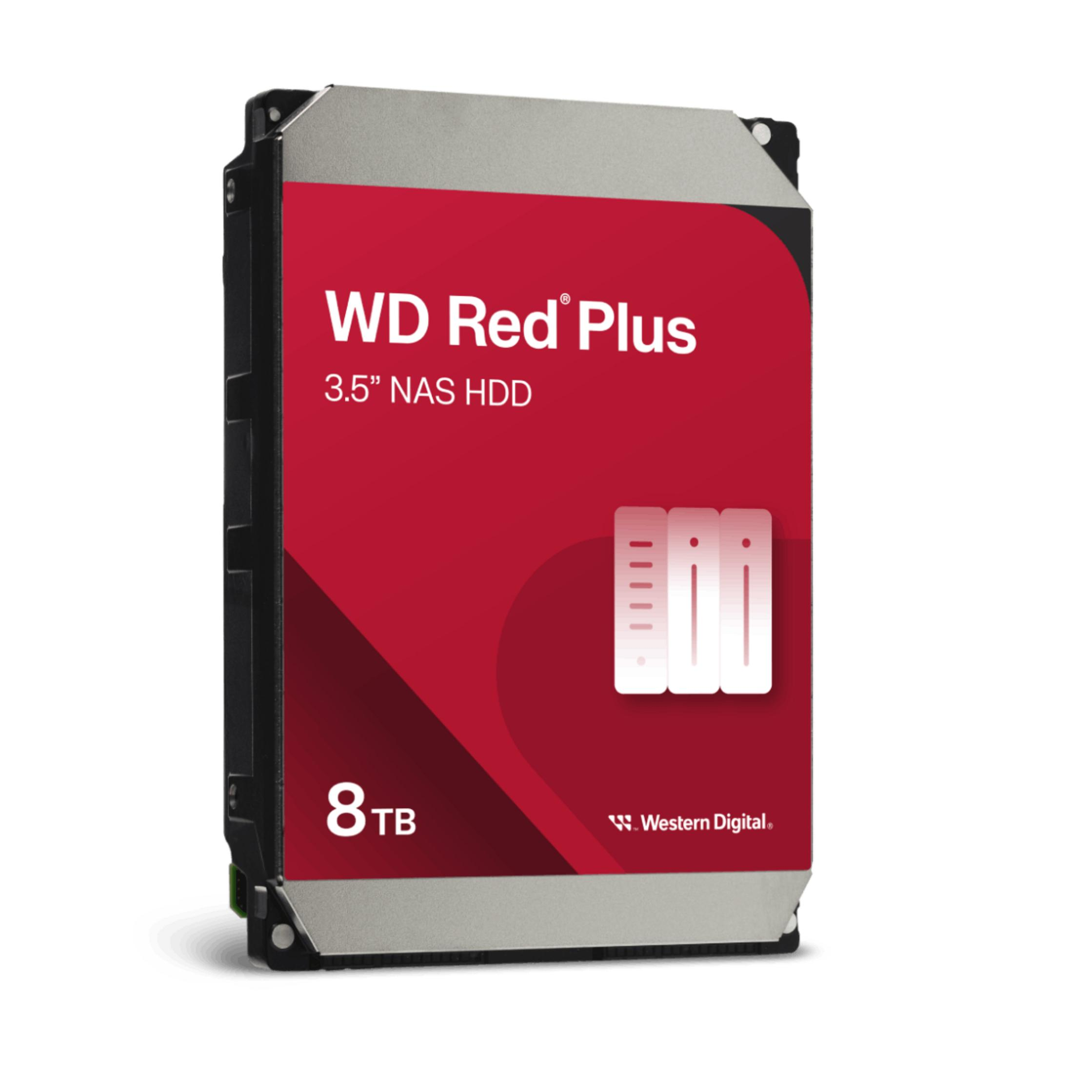 WD Red Plus HDD NAS 3,5" 8TB, argento e rosso, con logo Western Digital.