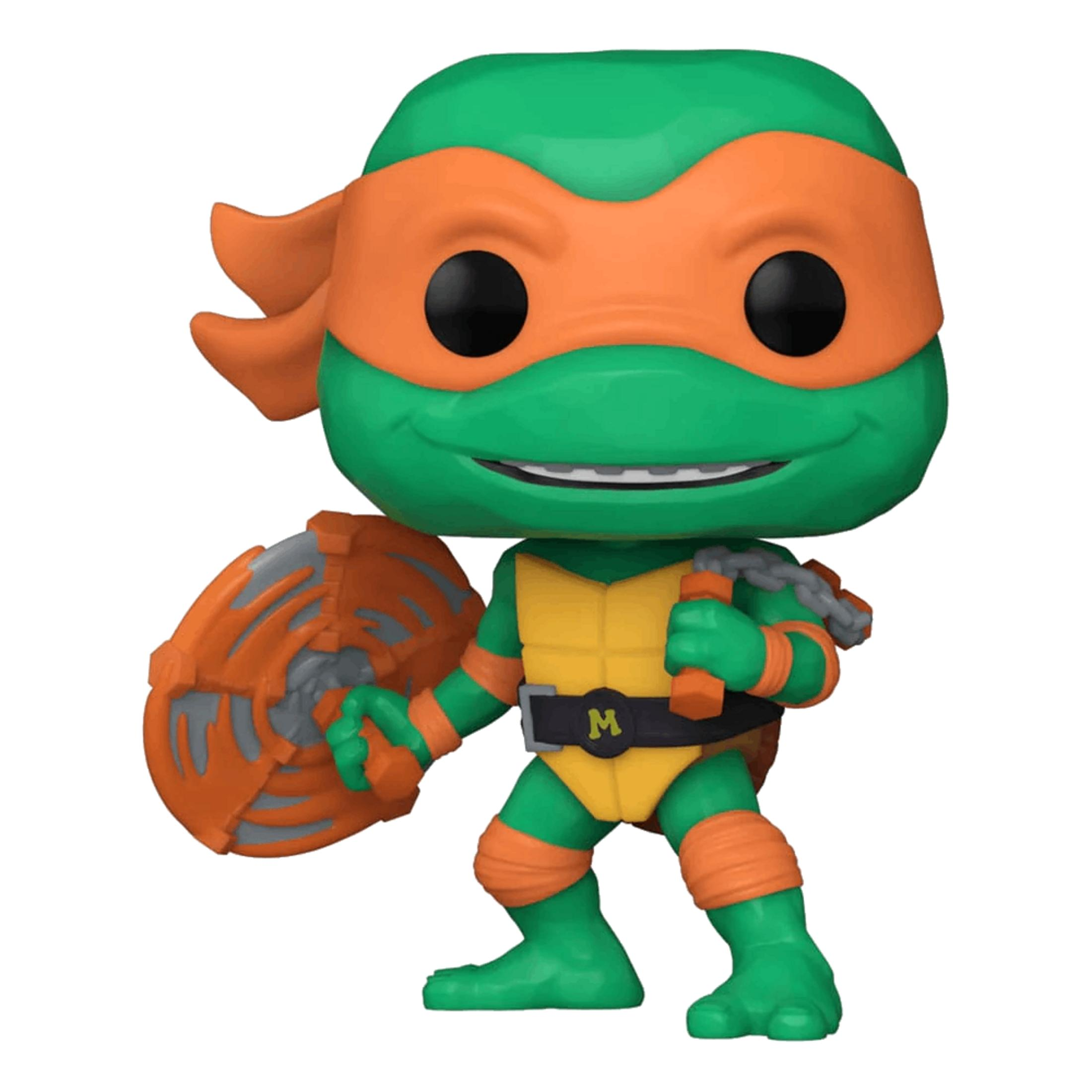 Figura verde con máscara naranja, peto amarillo, nunchakus y escudo.