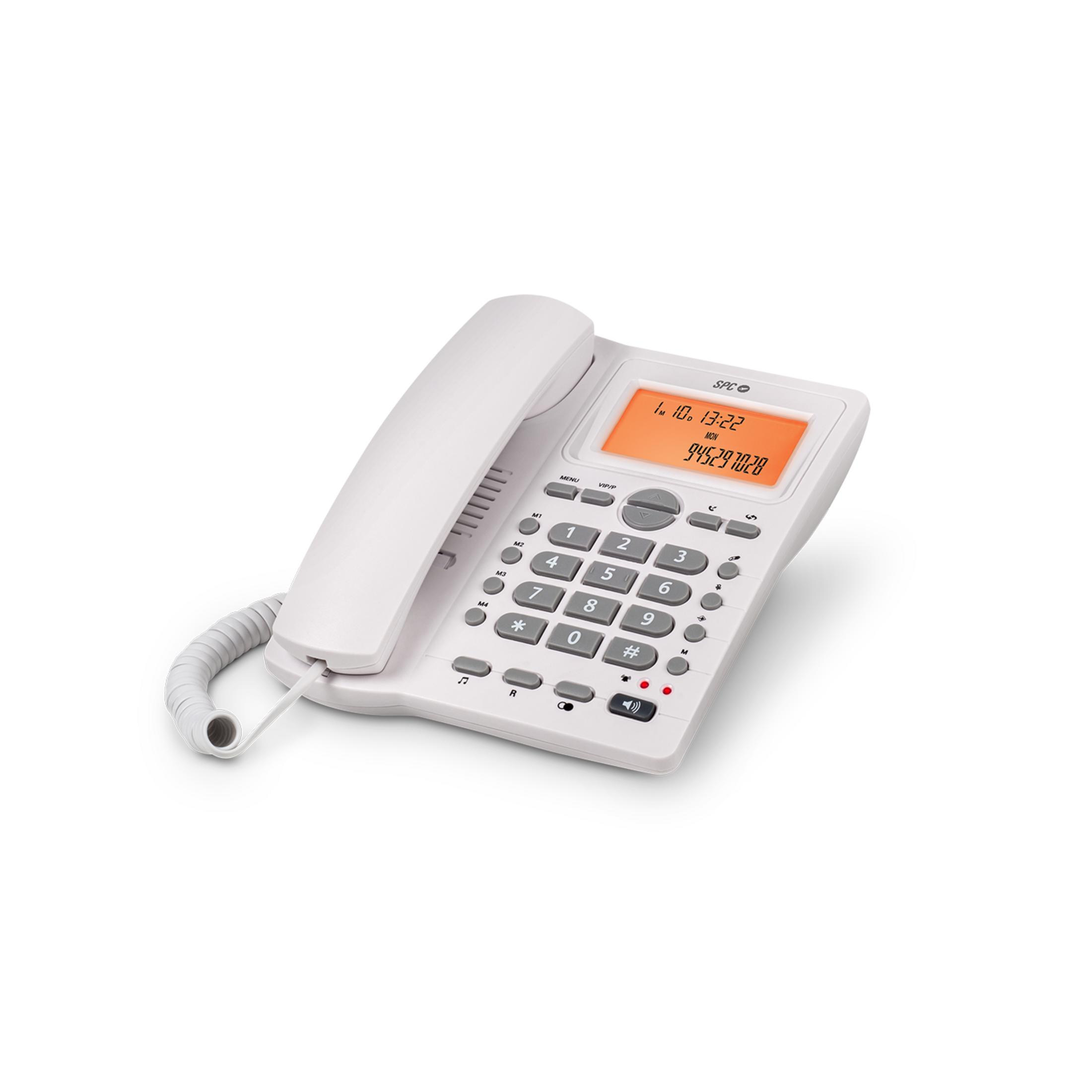 Un telefono fisso bianco con tastiera e display arancione.