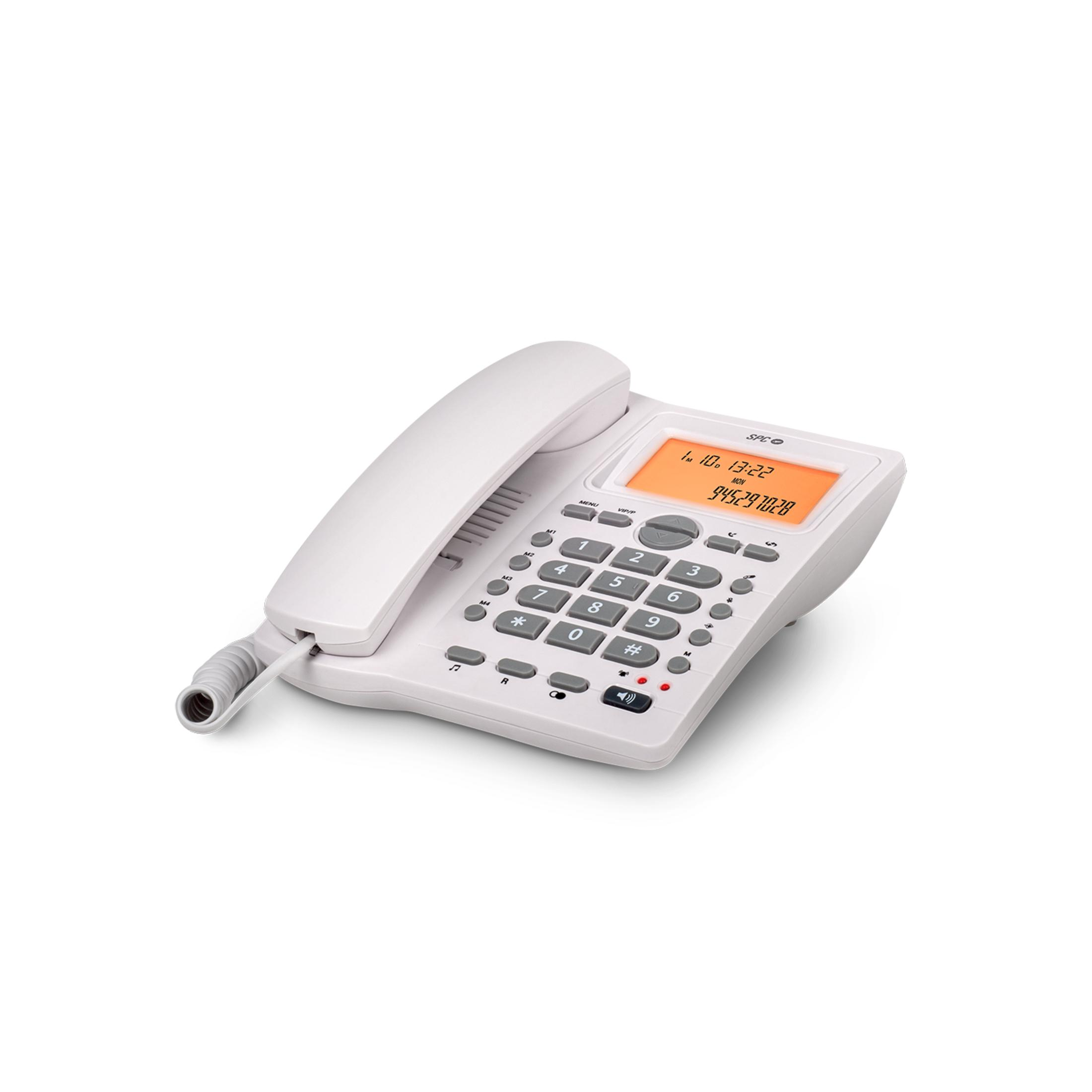 Un telefono fisso bianco con tasti e display arancione.