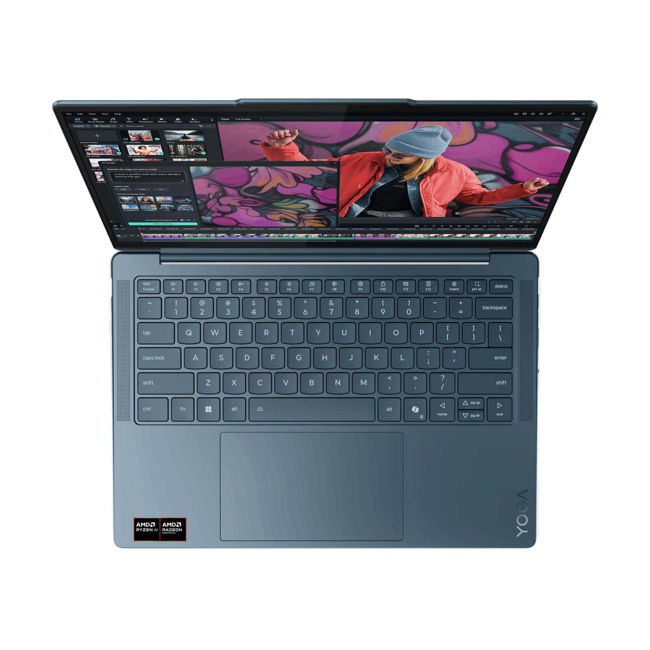 Un portátil azul abierto muestra software de edición de vídeo con un patrón de graffiti en la pantalla.