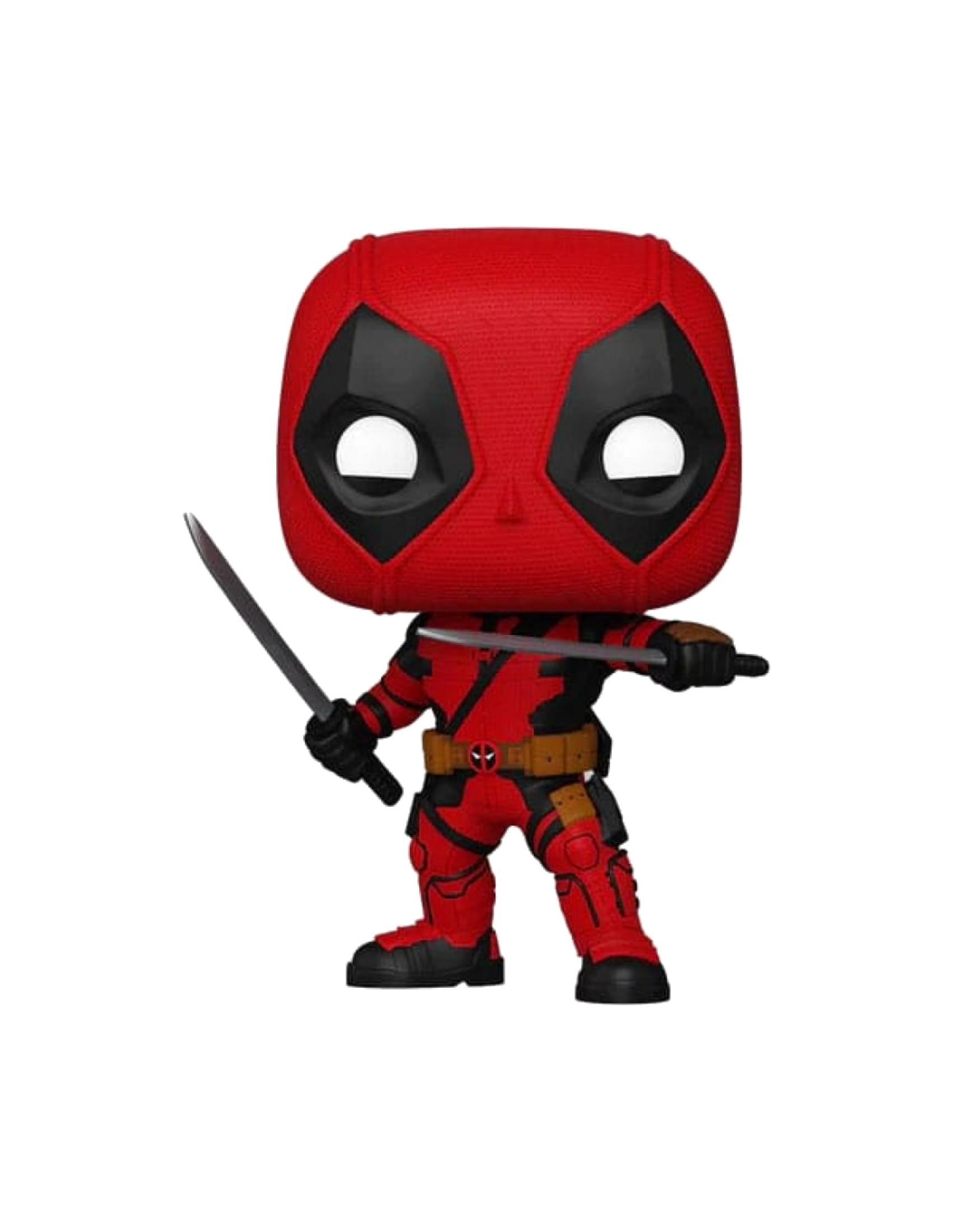 Action figure Funko Pop di Deadpool con due spade, tuta rossa e nera.