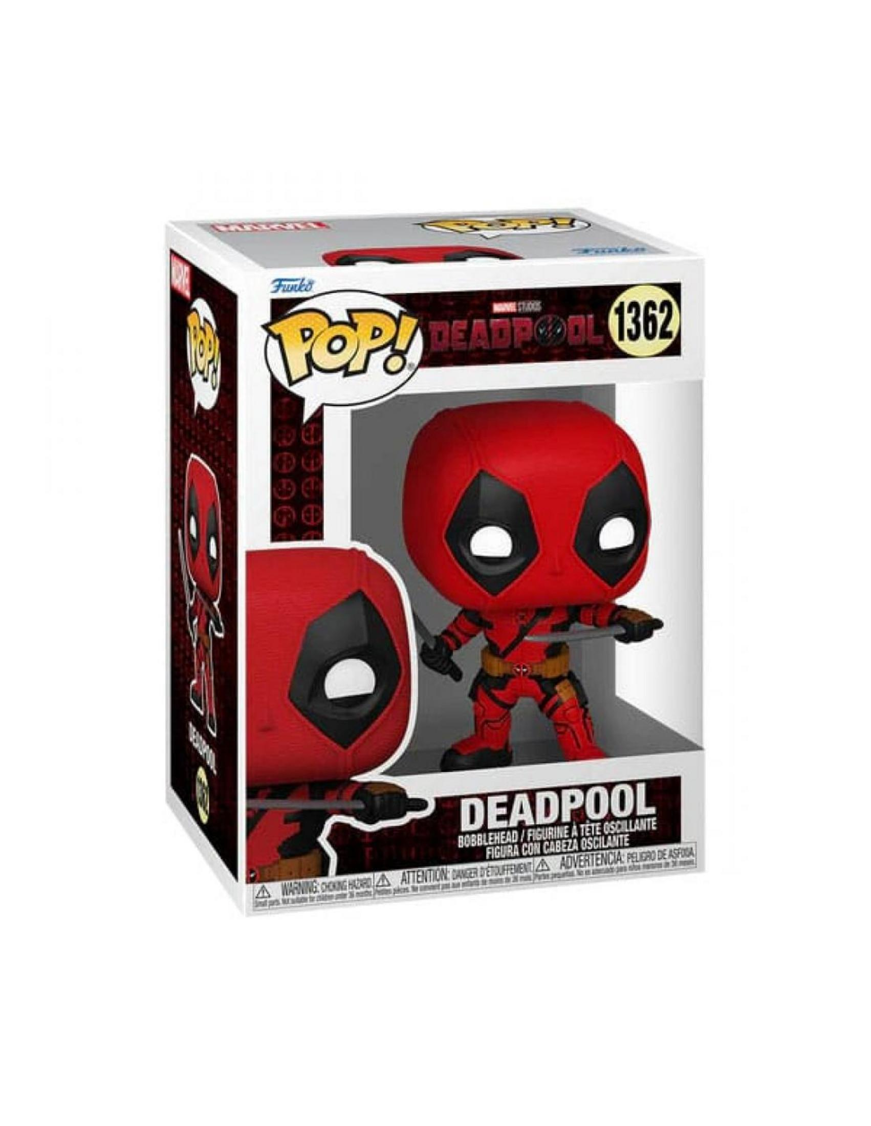 Bobblehead Funko Pop Deadpool in una scatola, tiene spade. Tuta rossa e nera.