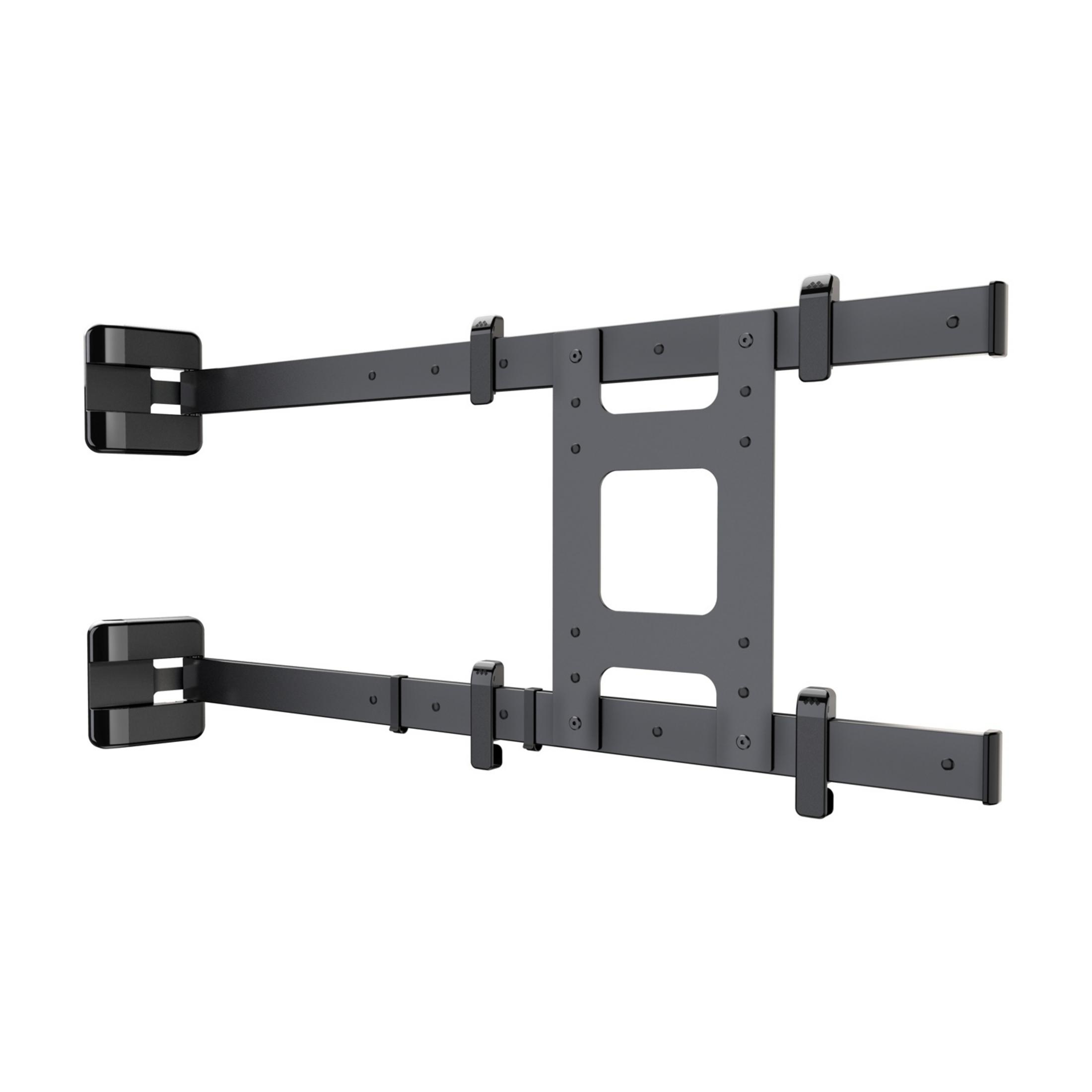 Zwarte wandmontagebeugel met twee rails en clips voor een scherm.