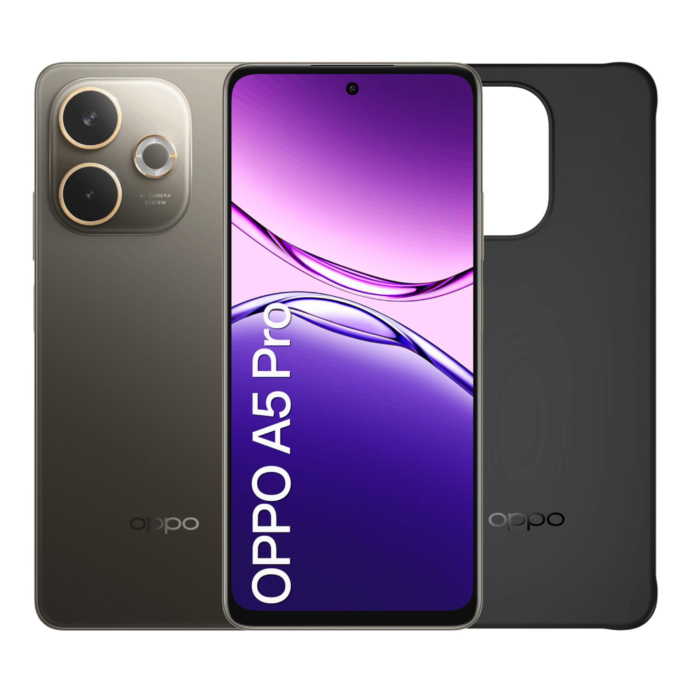 Smartphone Oppo A5 Pro gris con funda negra, triple cámara.