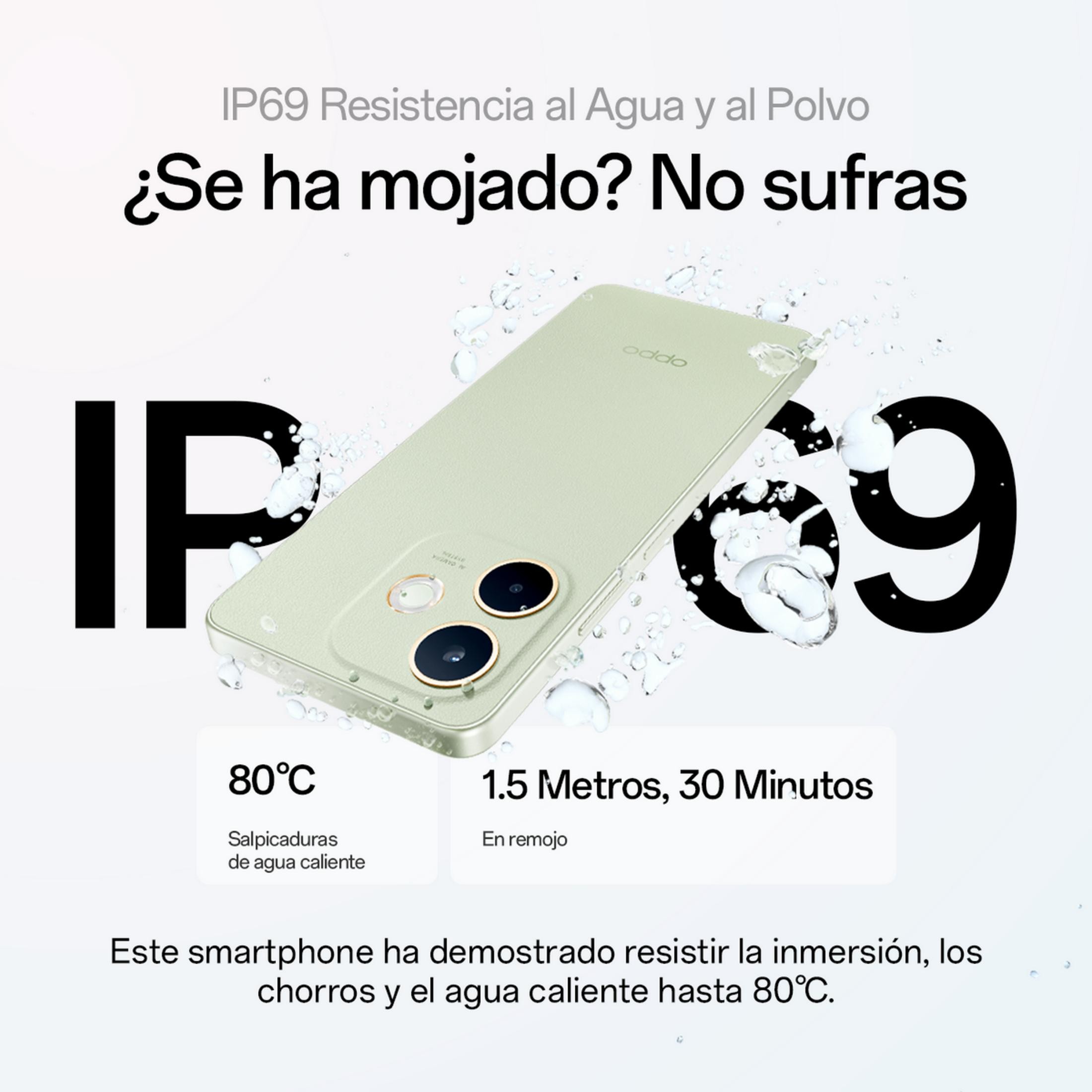 Teléfono Oppo con clasificación IP69 mostrado con salpicaduras de agua. Resiste 80°C agua caliente, 1.5m 30min.