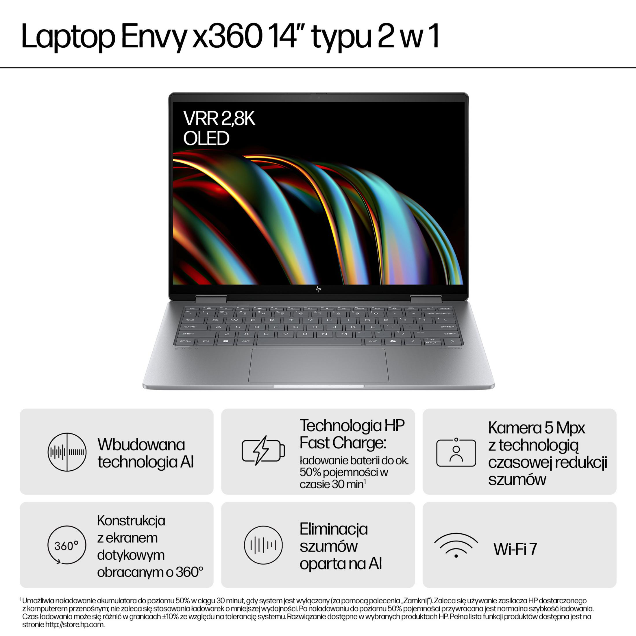 Srebrny laptop HP Envy x360 z 14-calowym wyświetlaczem OLED VRR 2,8K.