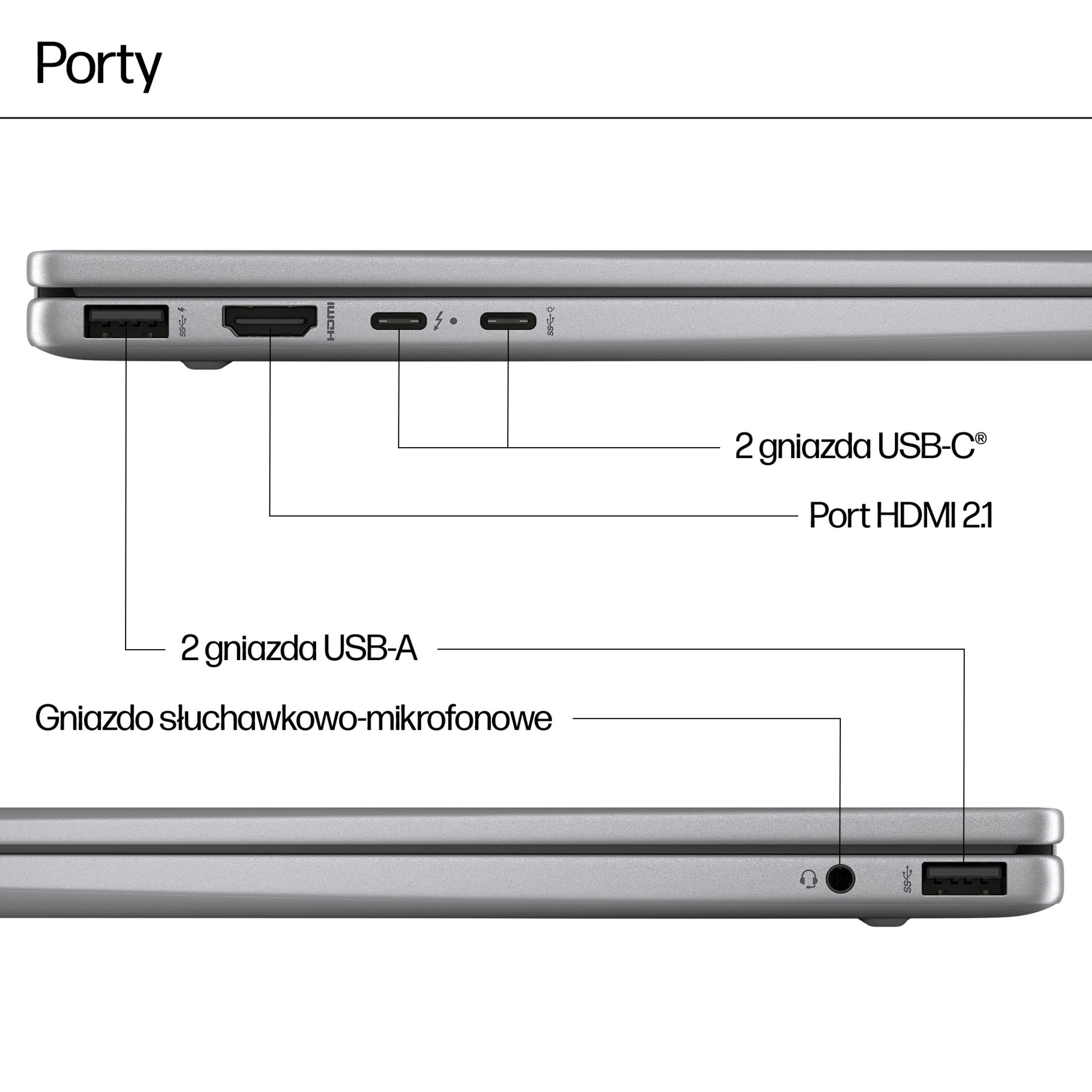 Srebrny laptop porty: 2x USB-A, 2x USB-C, HDMI, gniazdo słuchawkowe.