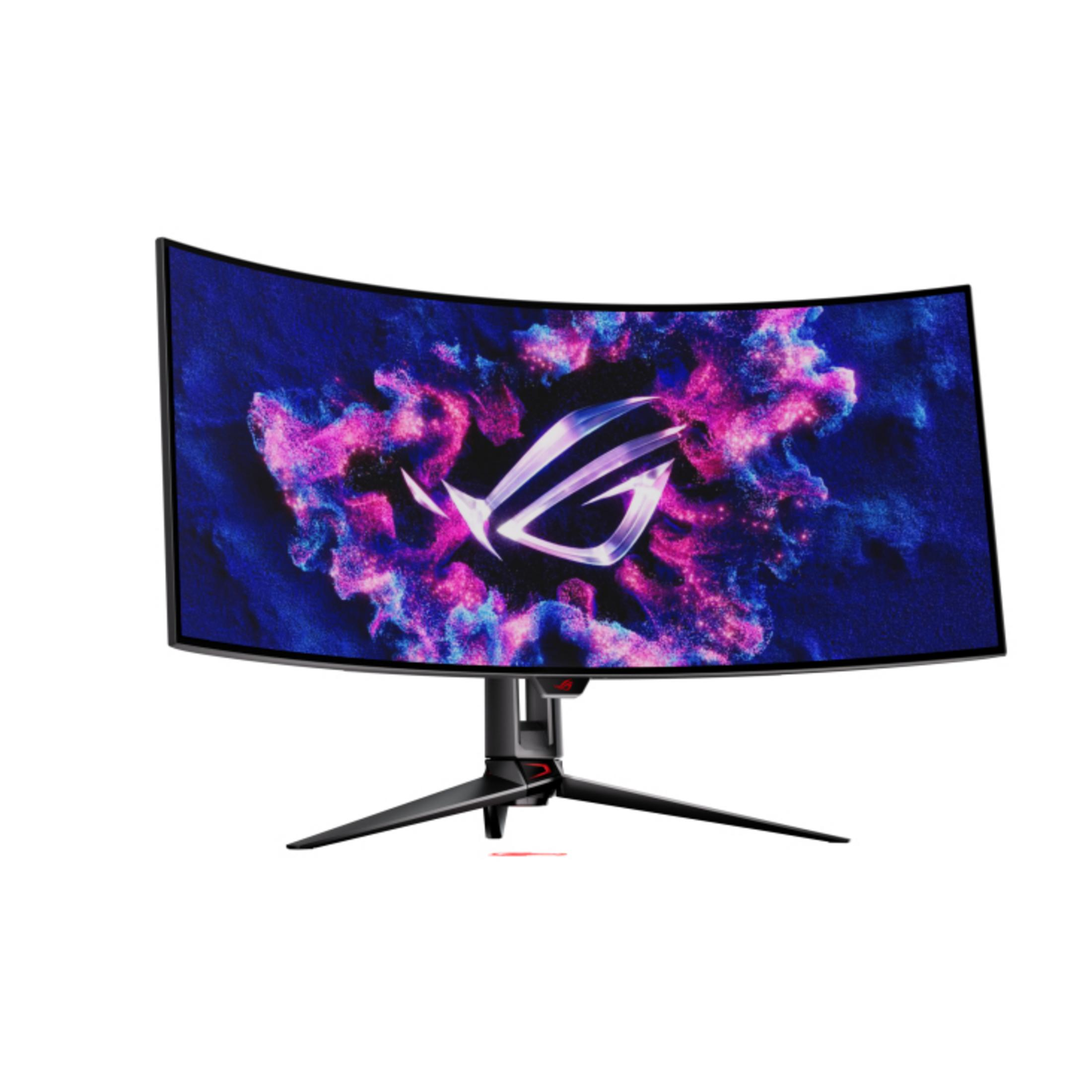 Ein gekrümmter Gaming-Monitor mit dem ROG-Logo auf einem kosmischen Hintergrund.
