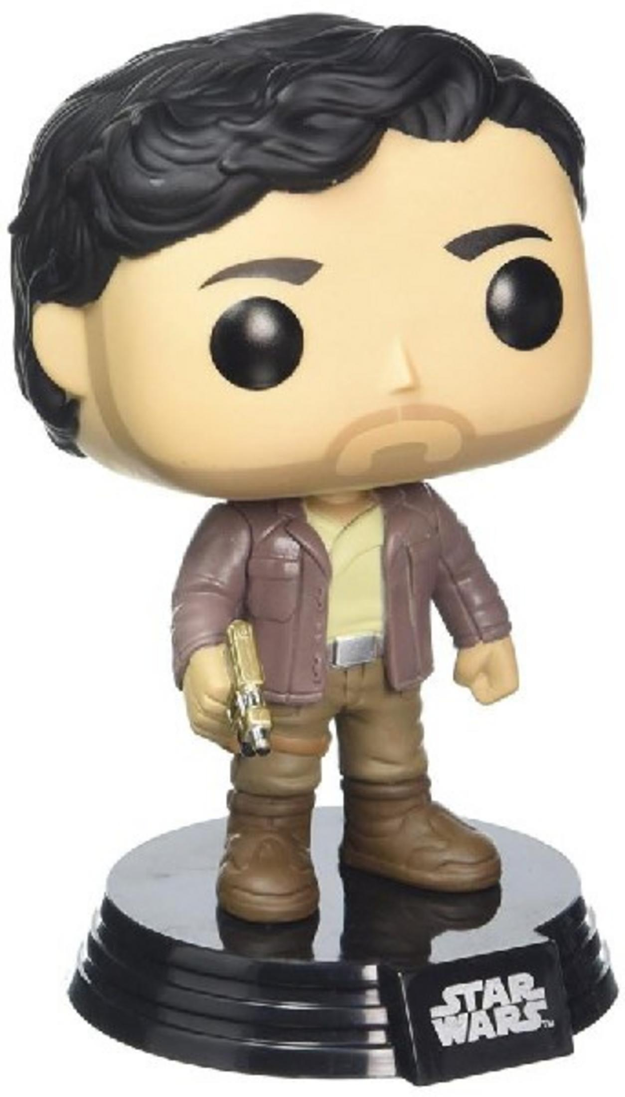 Statua Funko Pop! di Han Solo con giacca marrone, camicia e pantaloni beige, tiene un blaster dorato.