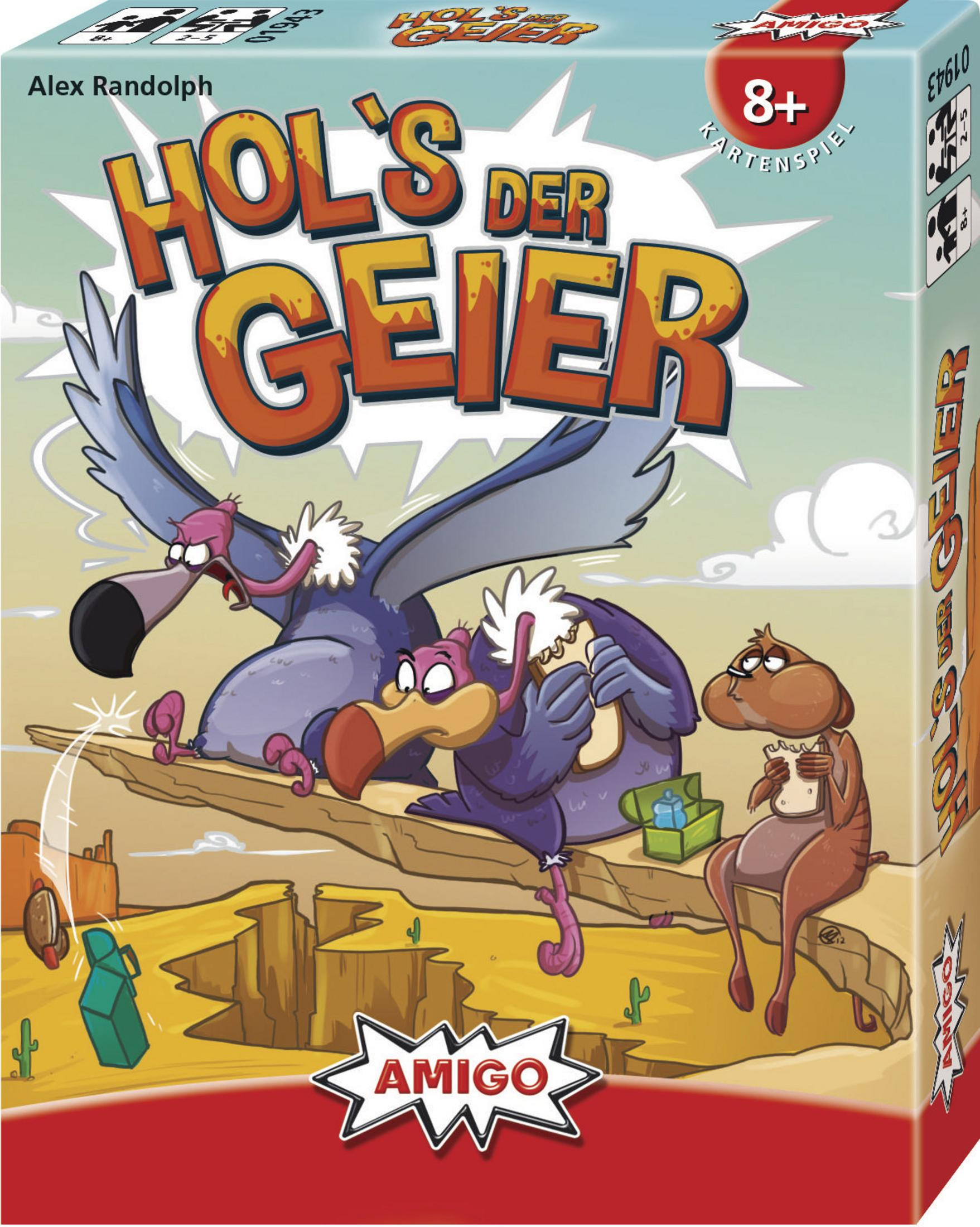 Spielschachtel: Cartoon-Geier in Wüste, "Hol's der Geier" Aufdruck.
