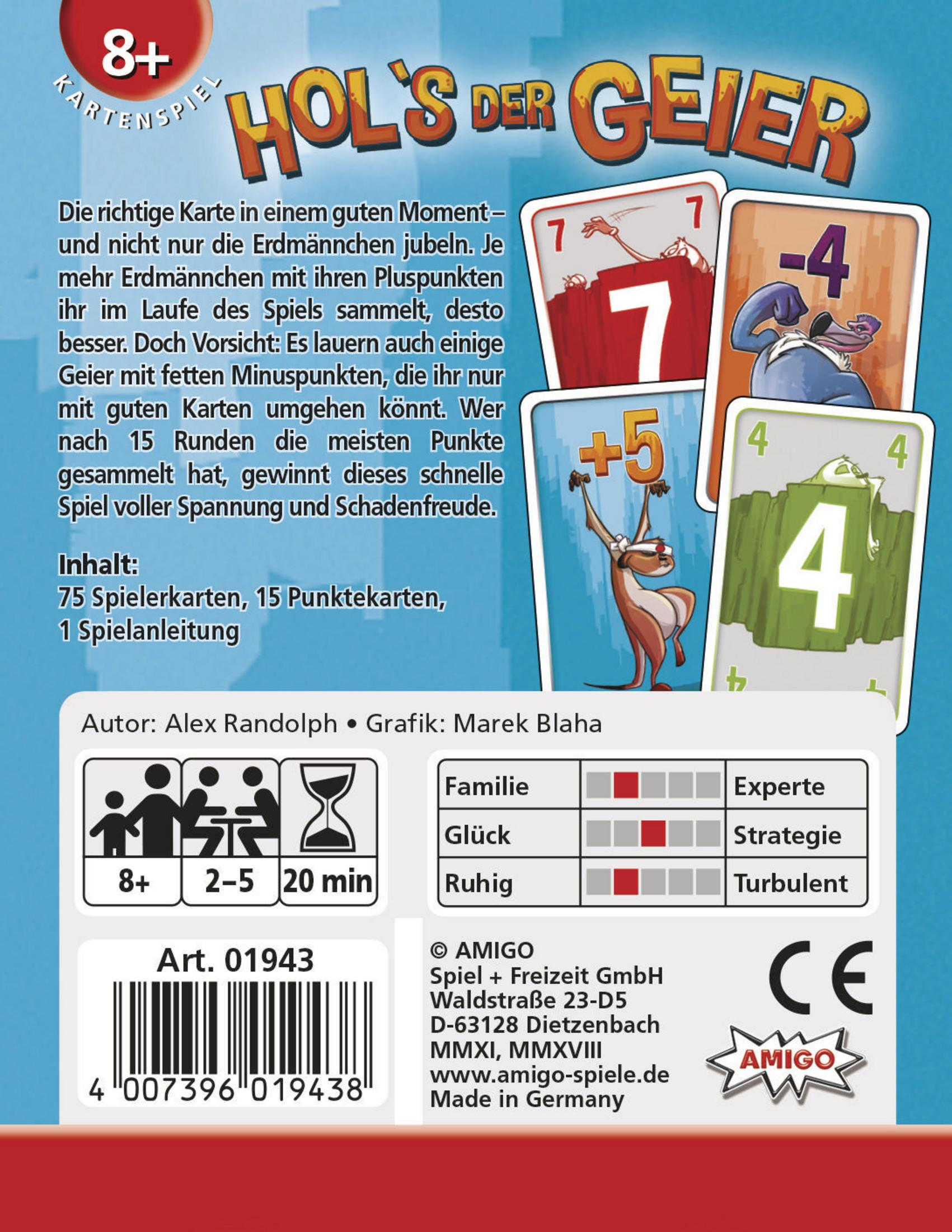 Rückseite der Spielschachtel 'Hol's der Geier' mit Spielbeschreibung und Karten.