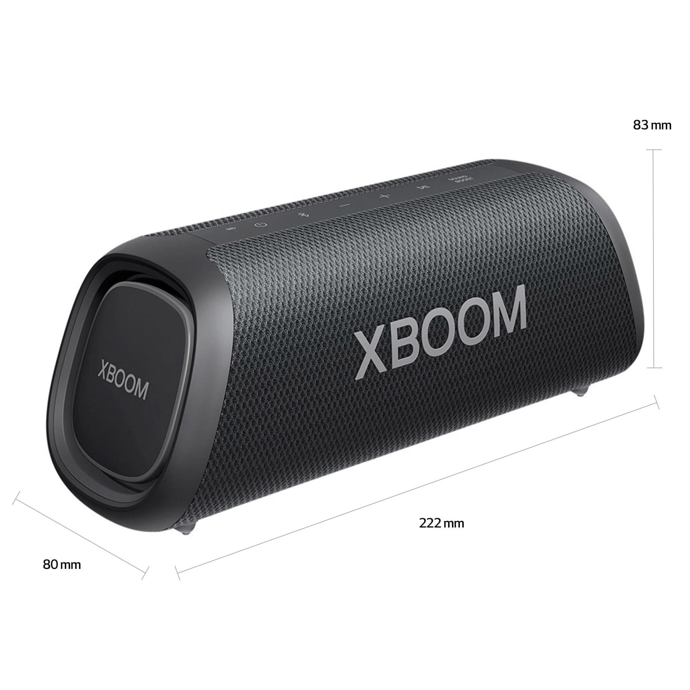 Altoparlante wireless nero con logo XBOOM, lungo 222mm, alto 83mm, largo 80mm.