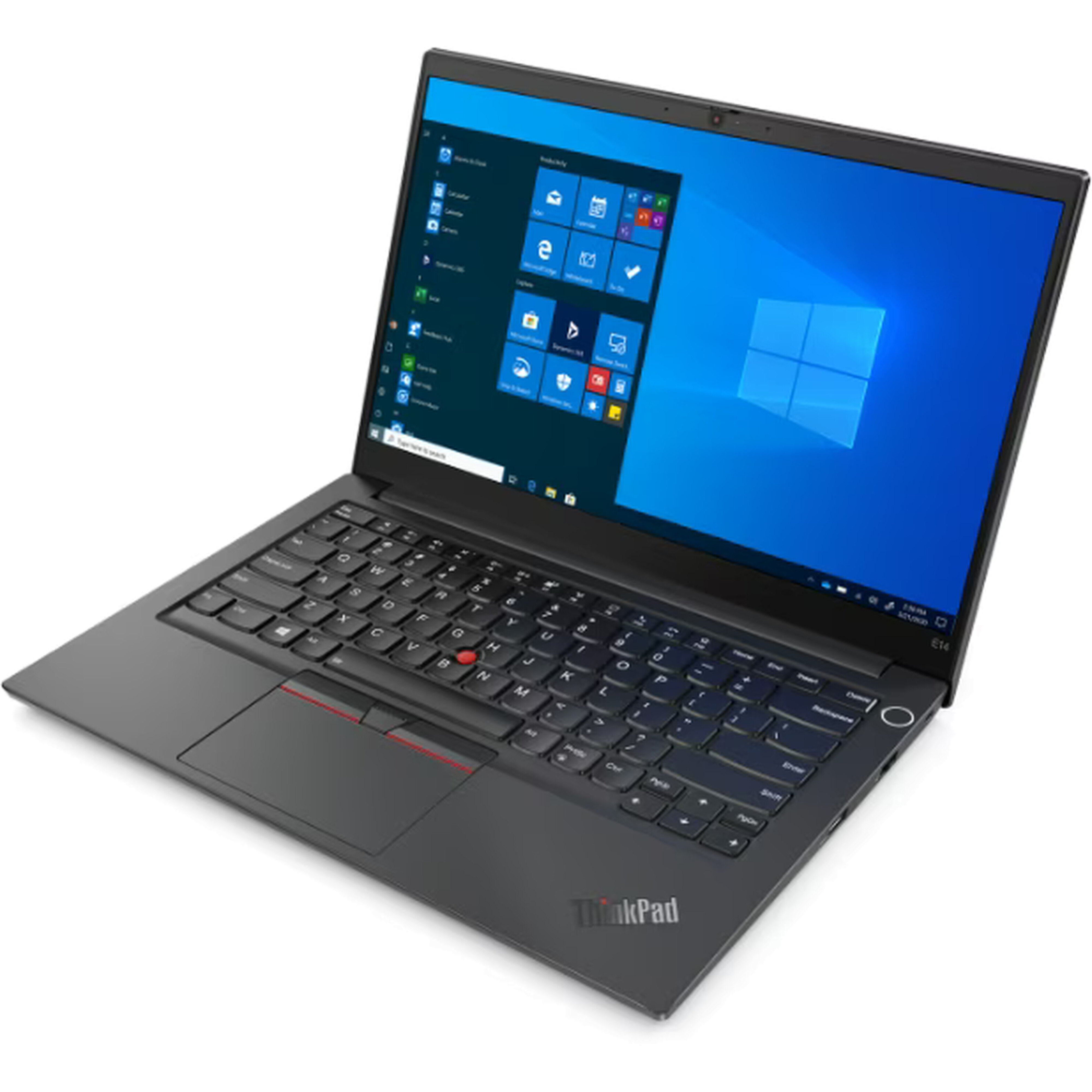 Een open zwarte Lenovo ThinkPad laptop met een blauw Windows-scherm.