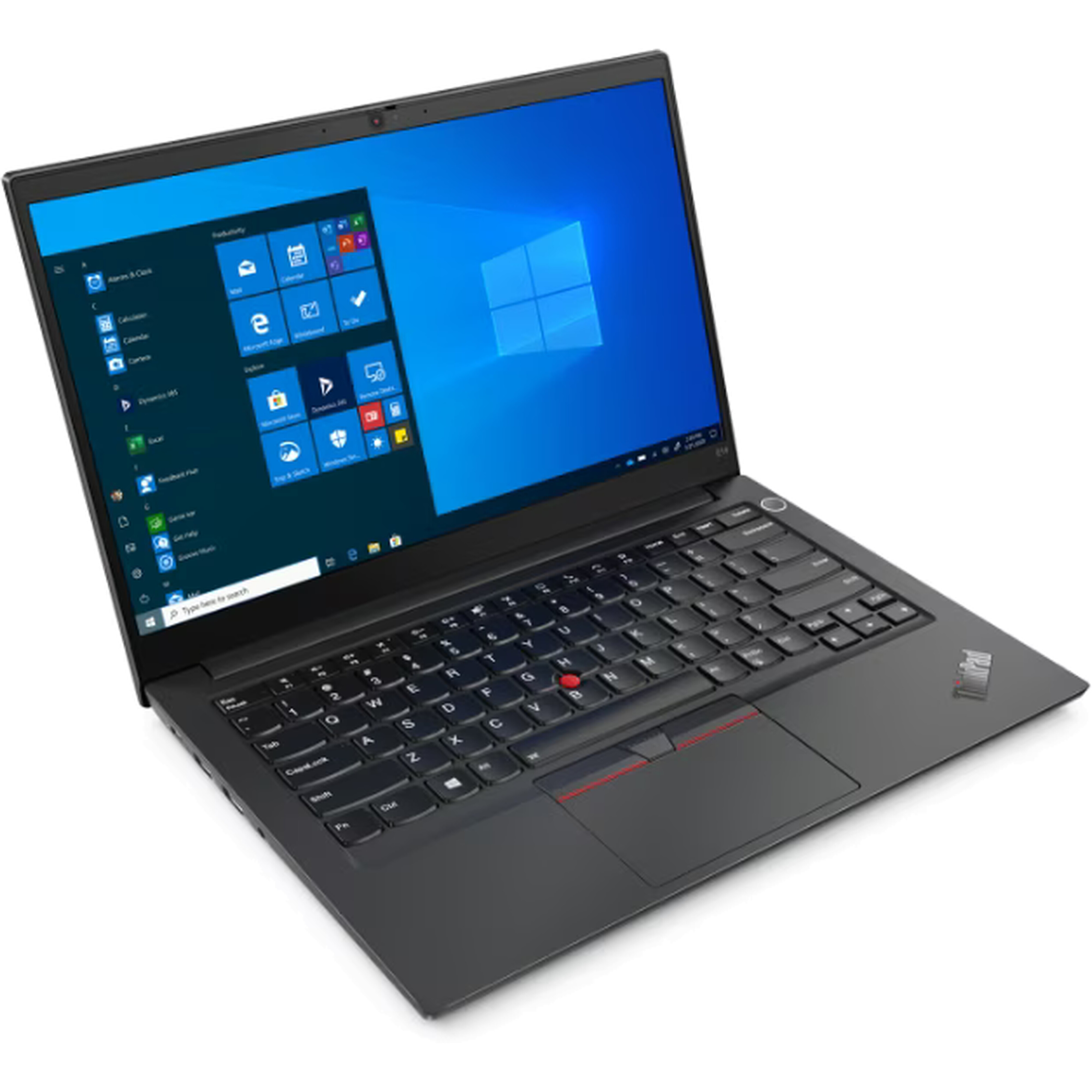 Een zwarte Lenovo ThinkPad laptop is open en toont de Windows 10-interface.