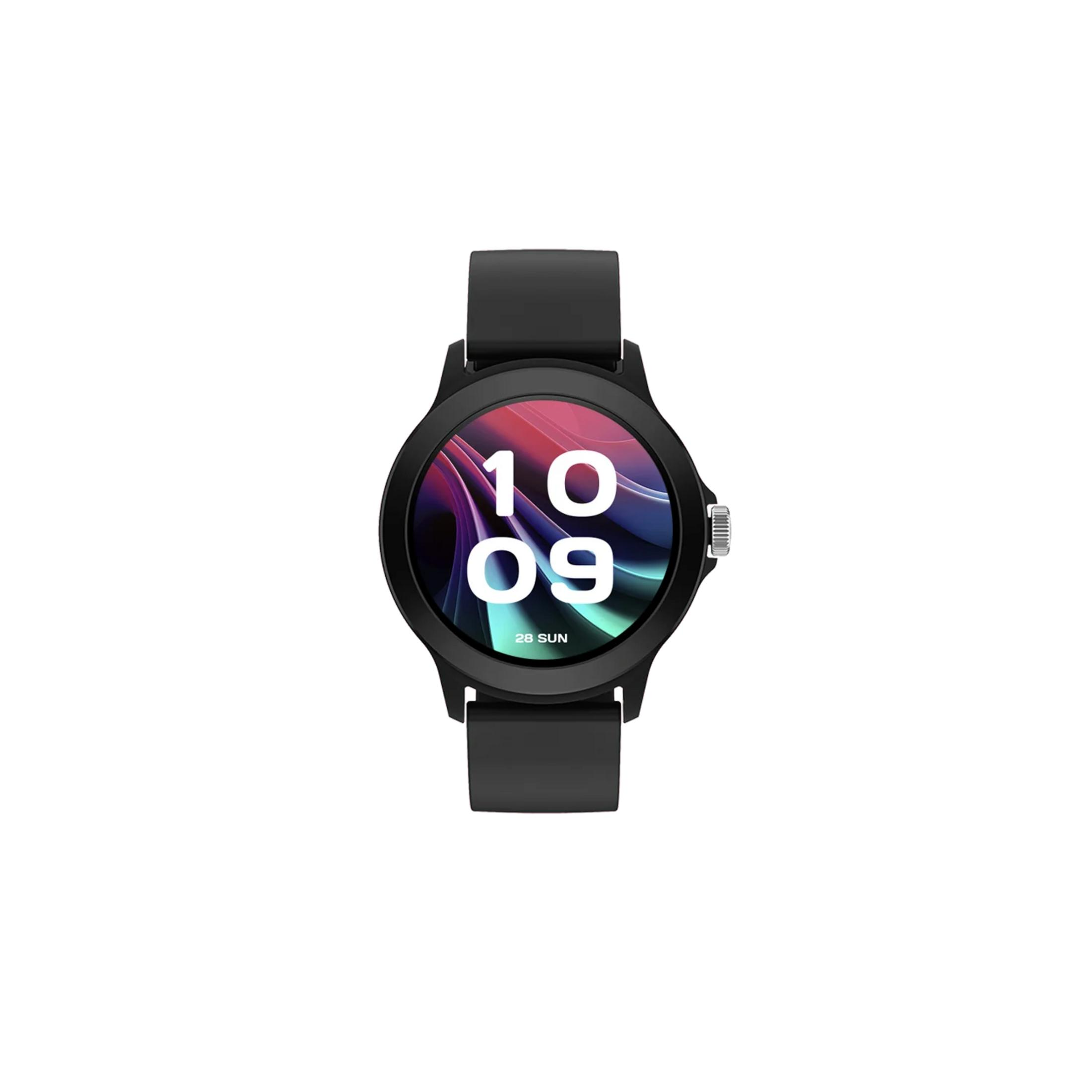 Smartwatch nero con display digitale che mostra le 10:09 e sfondo colorato.