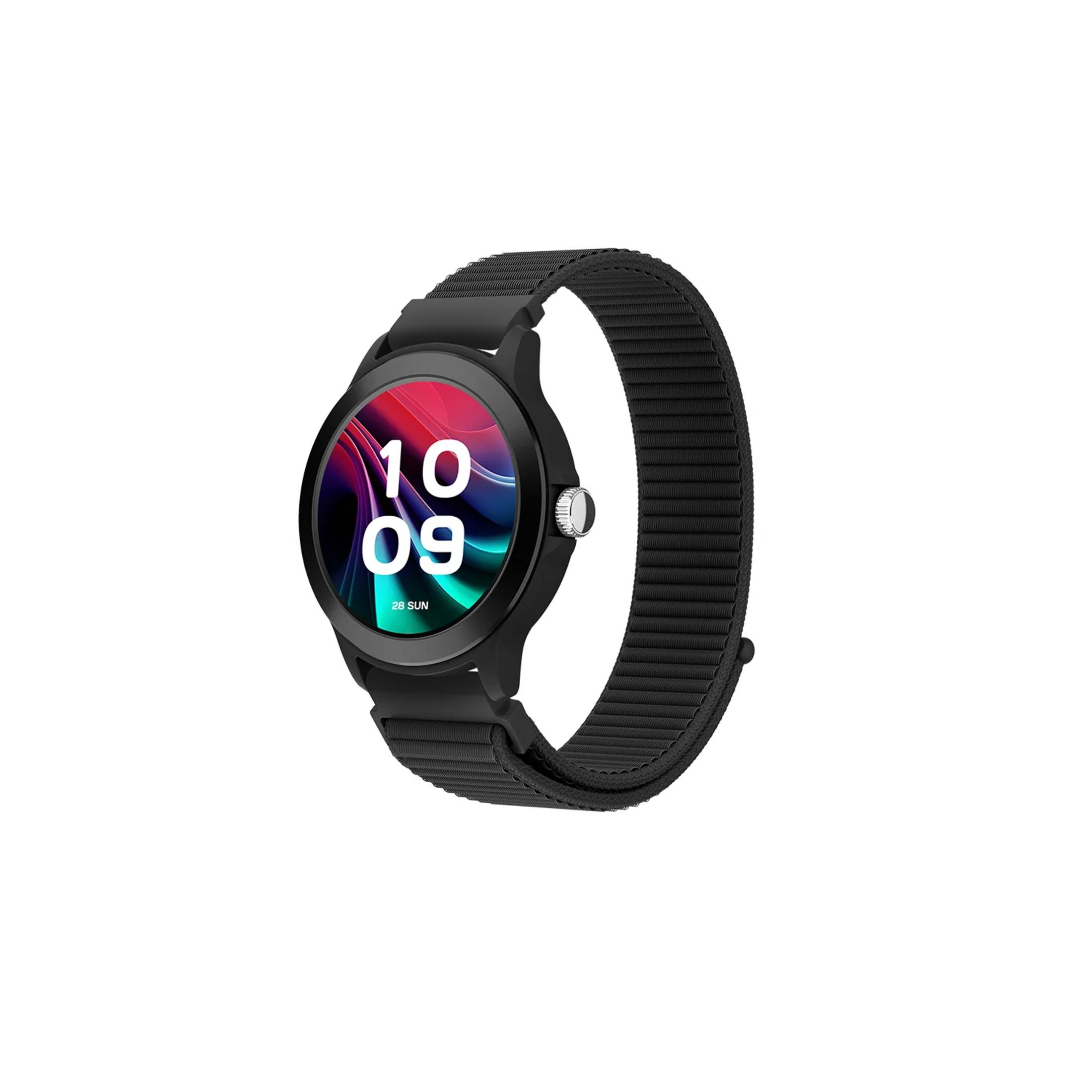 Smartwatch nero con cinturino in tessuto nero e display digitale colorato.