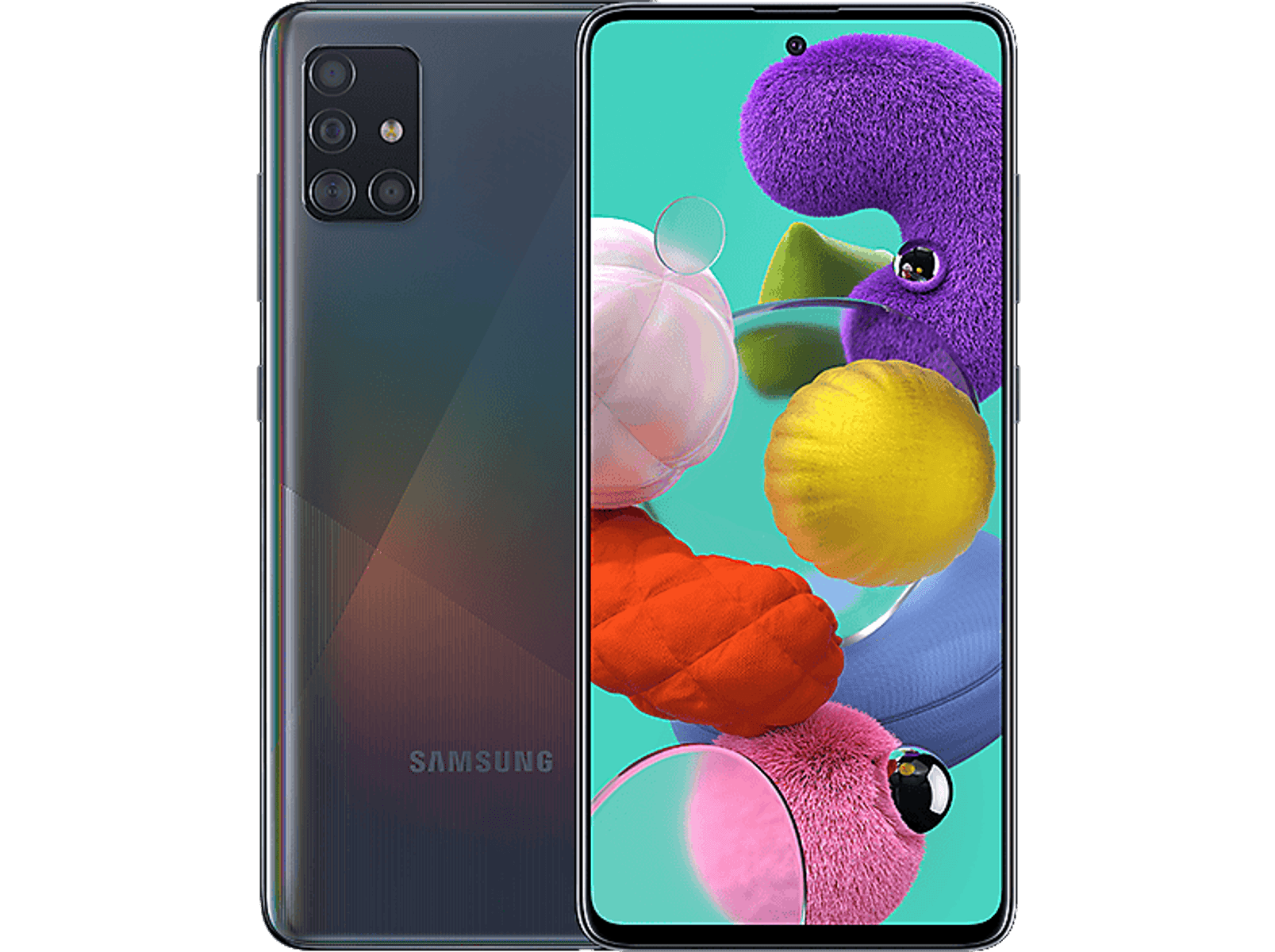 Uno smartphone Samsung scuro con quattro fotocamere posteriori e un display colorato.