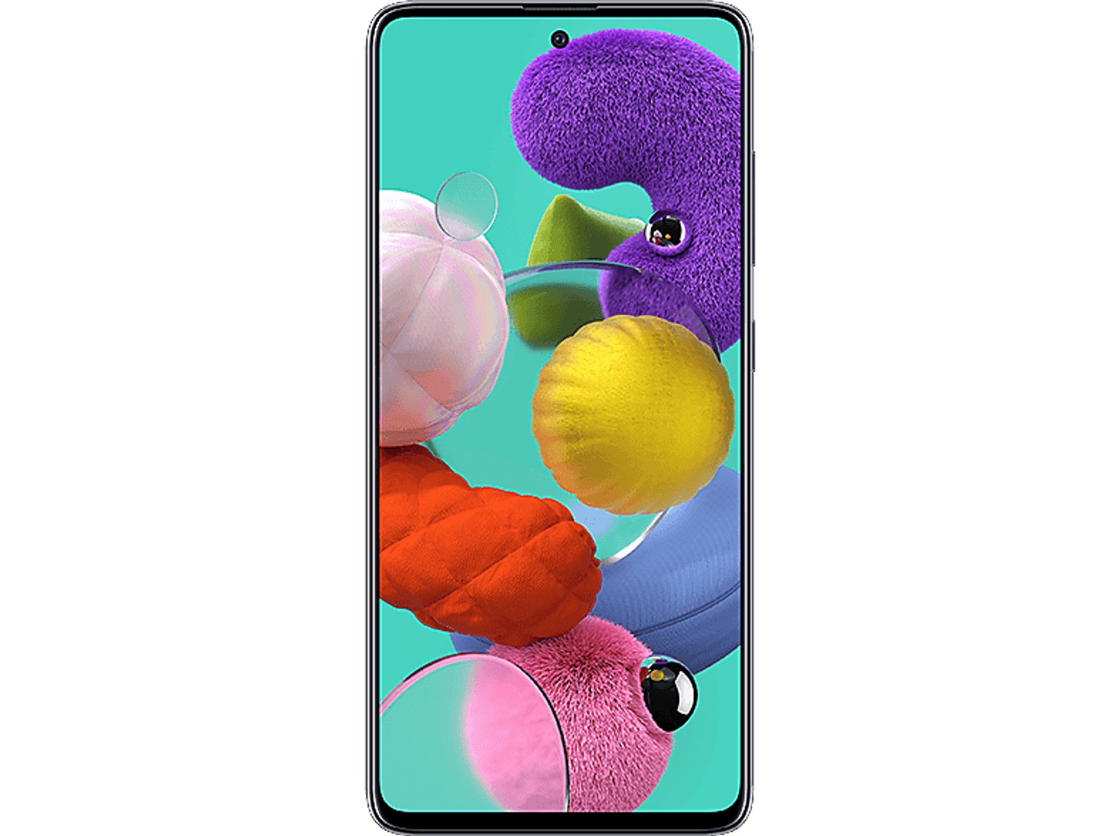 Uno smartphone mostra forme colorate e soffici su sfondo turchese.
