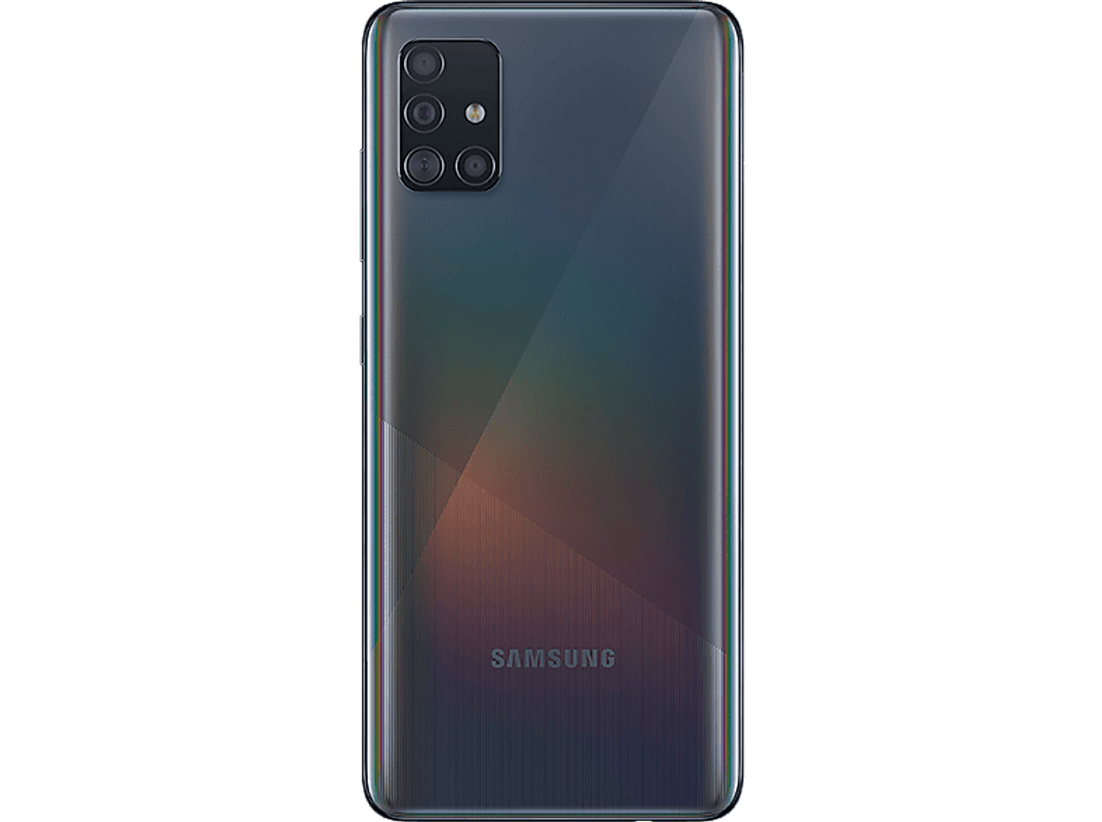 Retro di uno smartphone Samsung scuro con modulo fotocamera rettangolare e design riflettente.