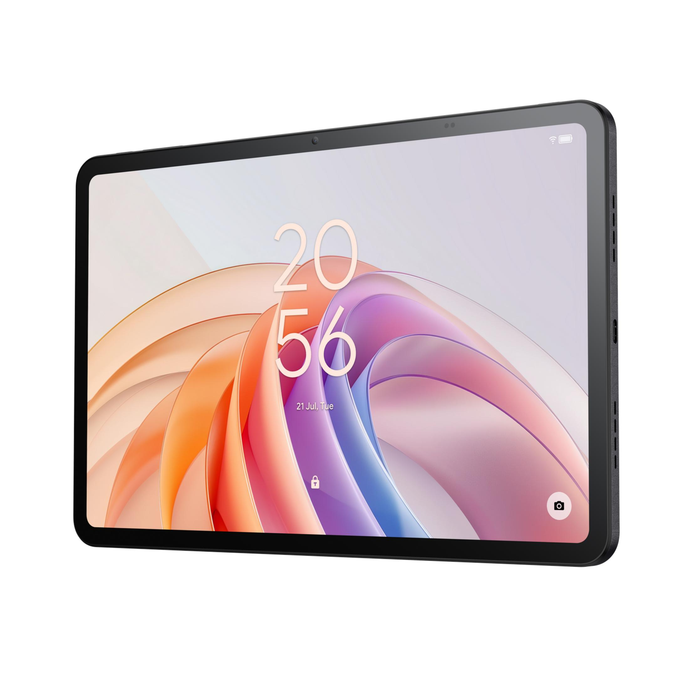 Czarny tablet z kolorową tapetą i godziną 20:56.