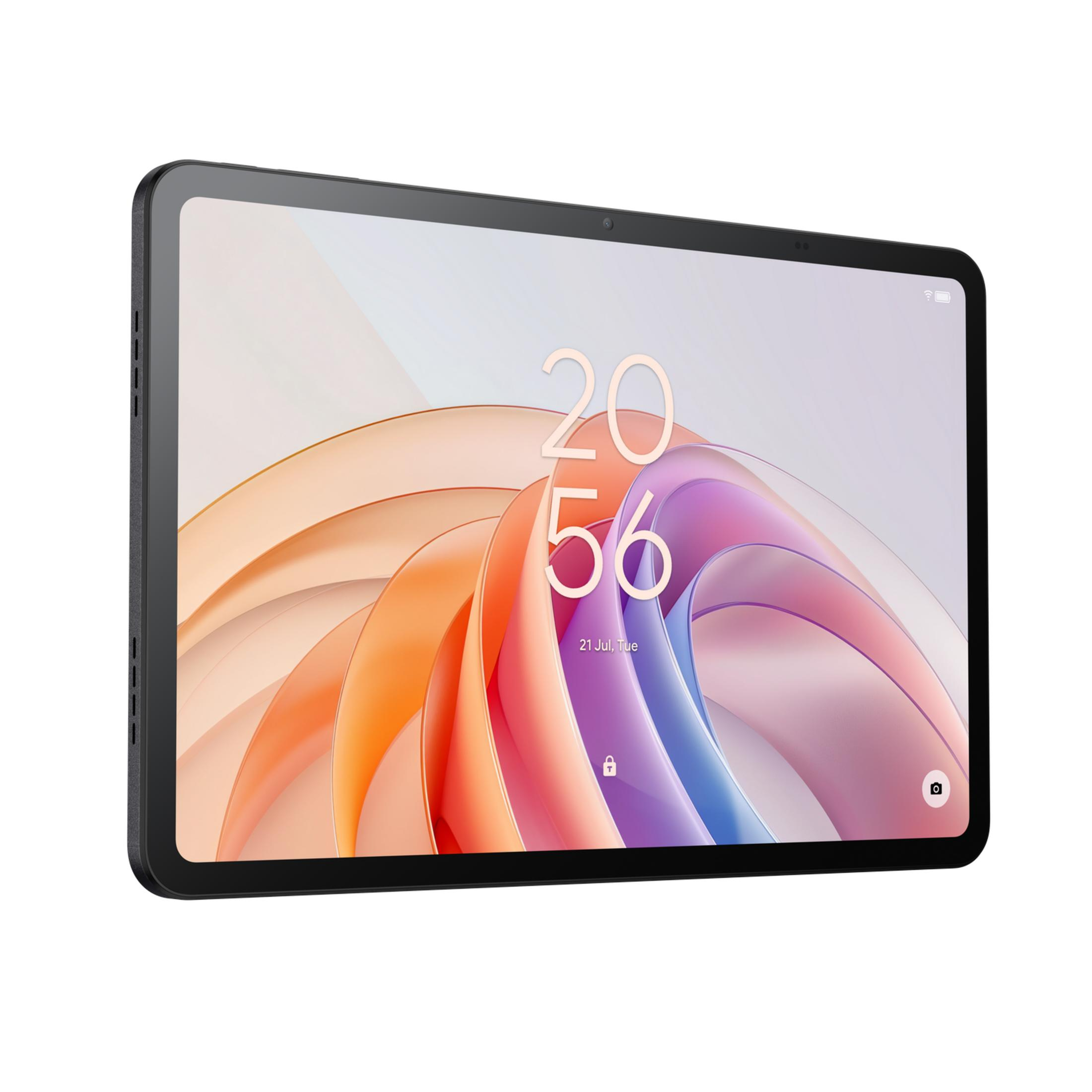 Czarny tablet wyświetlający kolorową tapetę. Widoczna godzina 20:56.