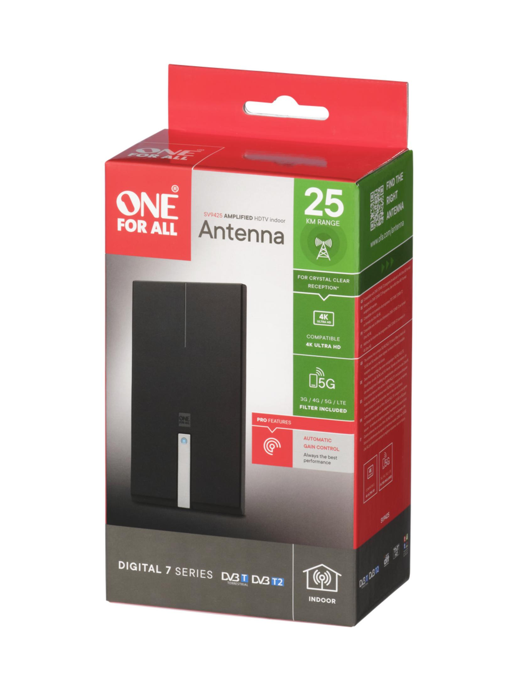 Scatola di un'antenna nera ONE FOR ALL con accenti rossi e verdi.