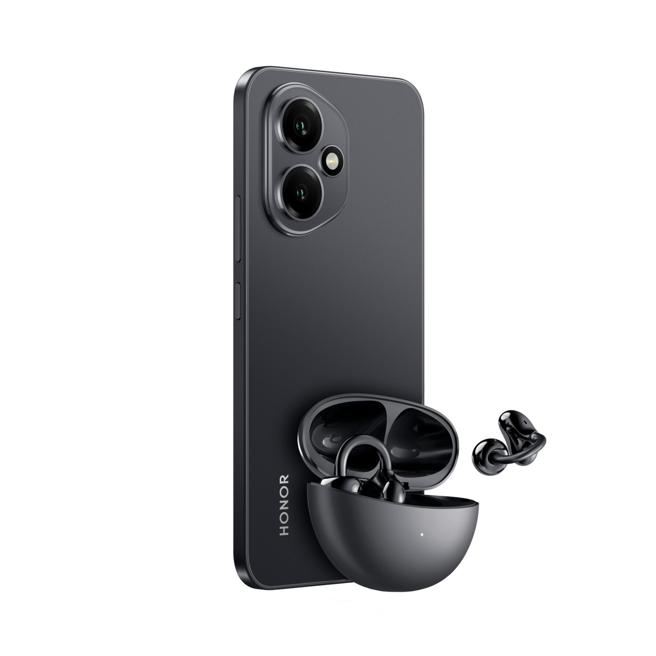 Smartphone nero con custodia di ricarica aperta e auricolari wireless accanto.