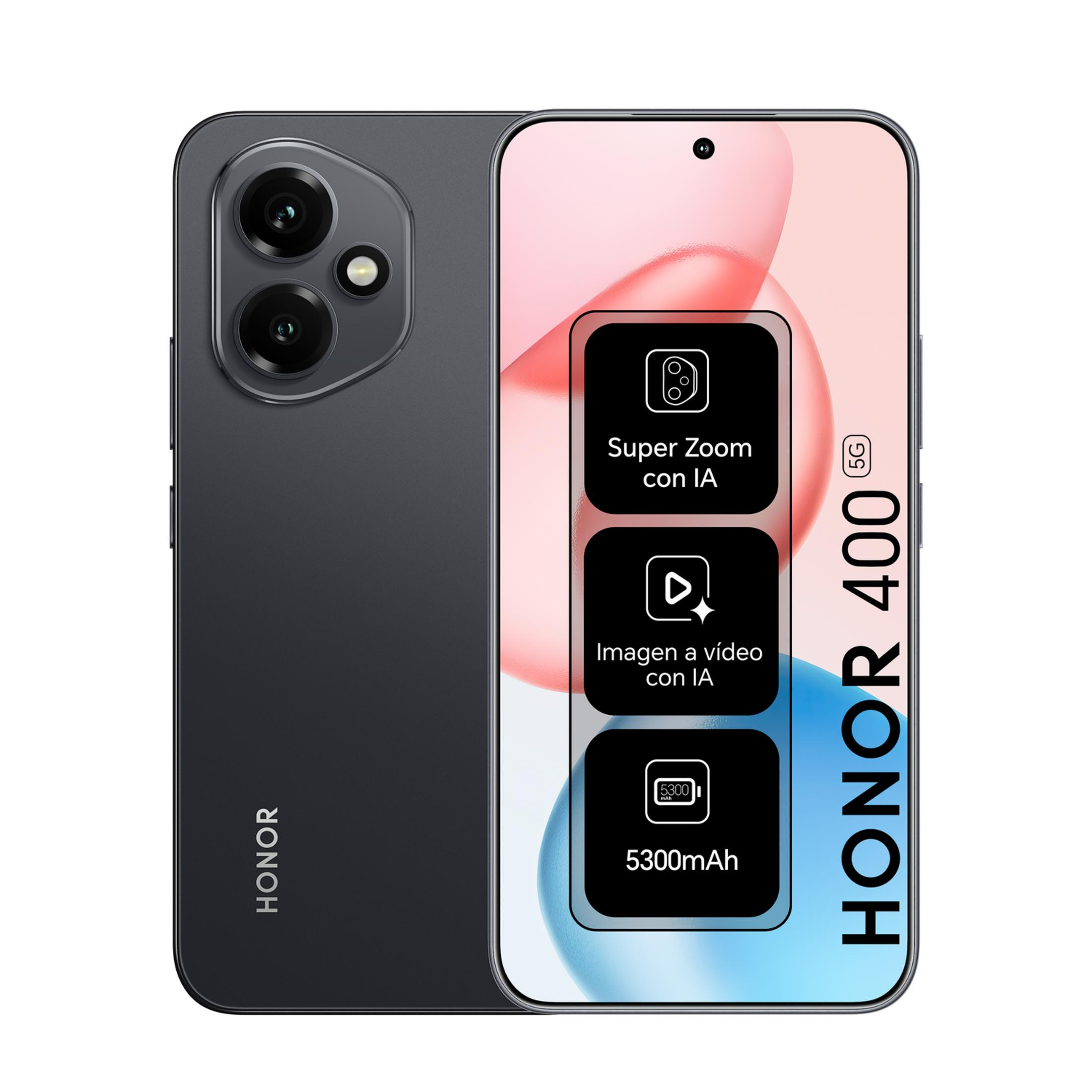 Smartphone Honor 400 5G grigio scuro con tripla fotocamera e batteria da 5300mAh.