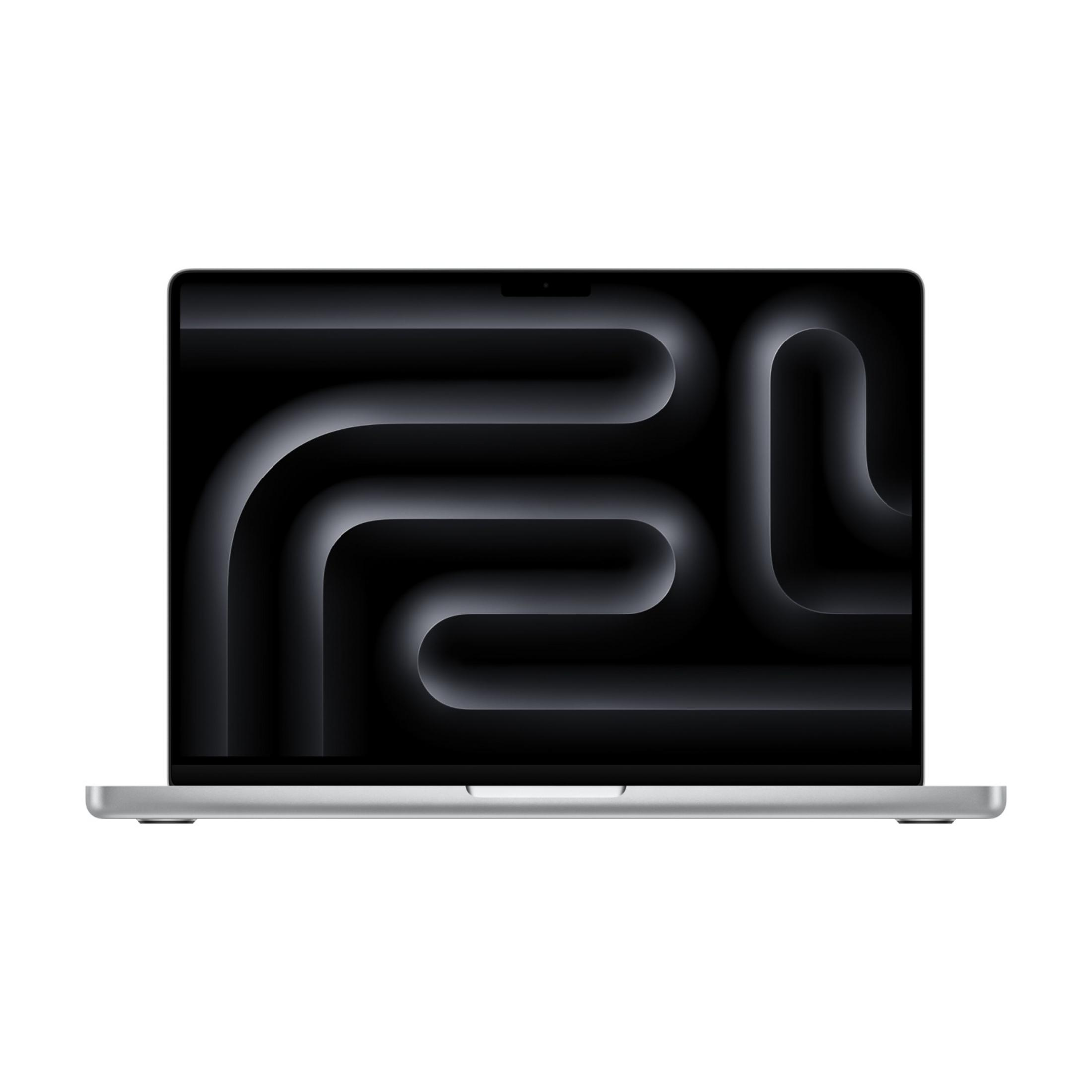 Laptop argento con schermo nero che mostra un motivo astratto scuro e curvo.