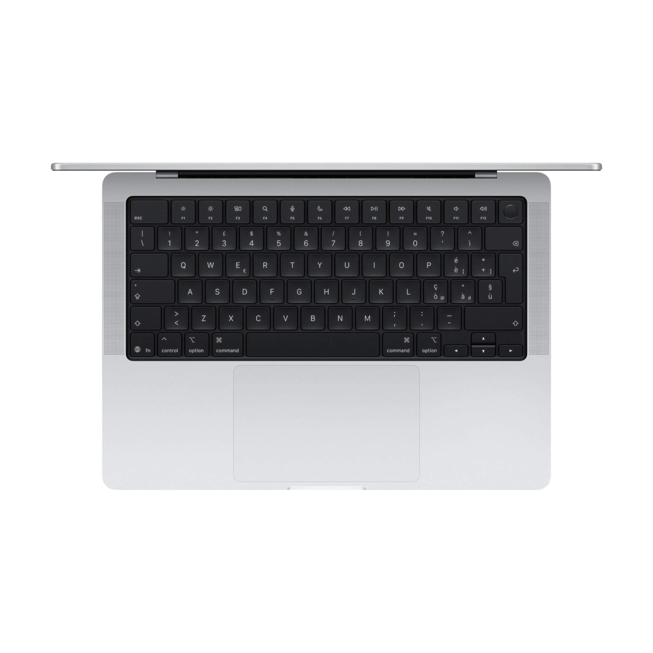 Srebrny laptop z czarną klawiaturą i gładzikiem, widok z góry.