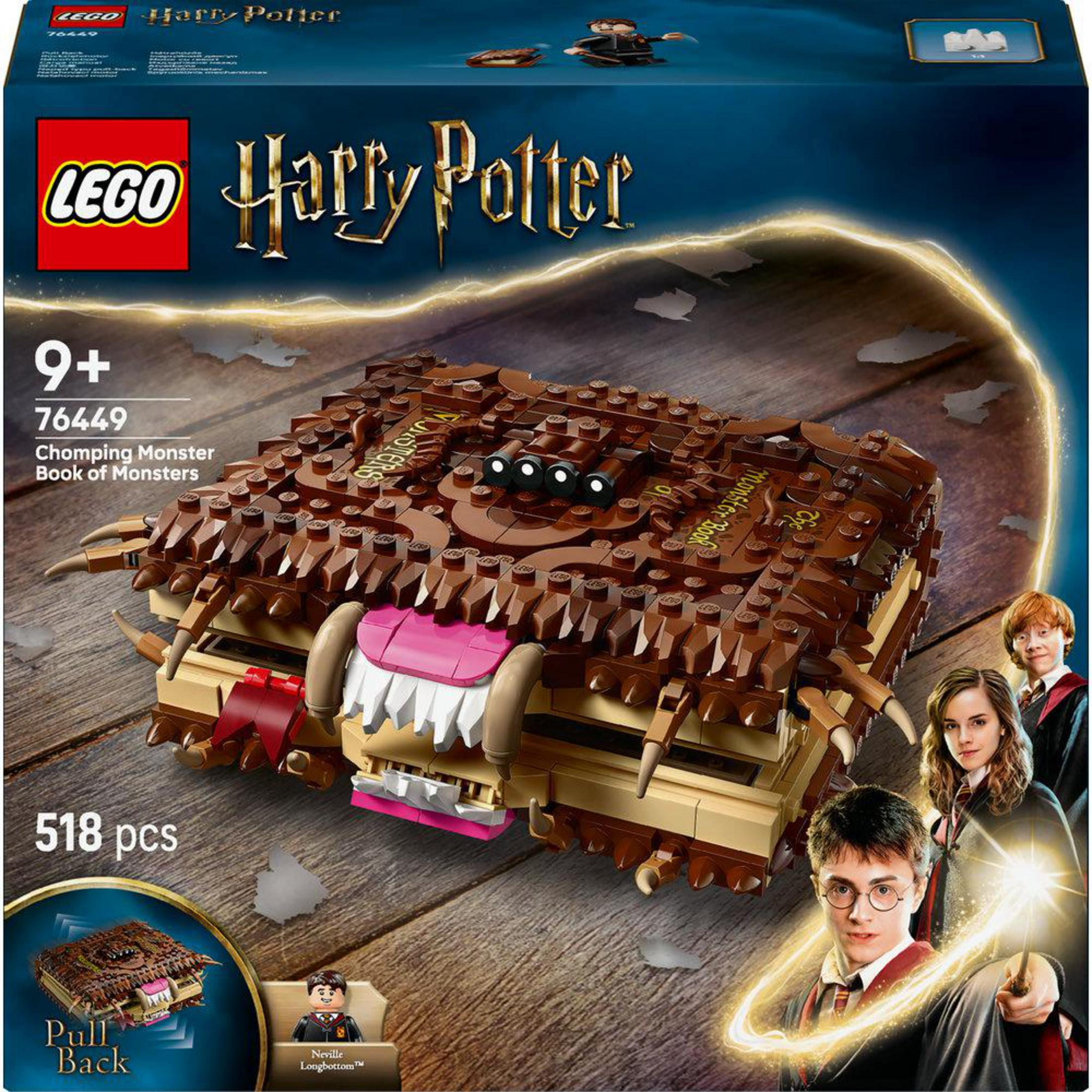 Scatola del set LEGO Harry Potter Libro dei Mostri Masticanti con Harry, Hermione, Ron e Neville.