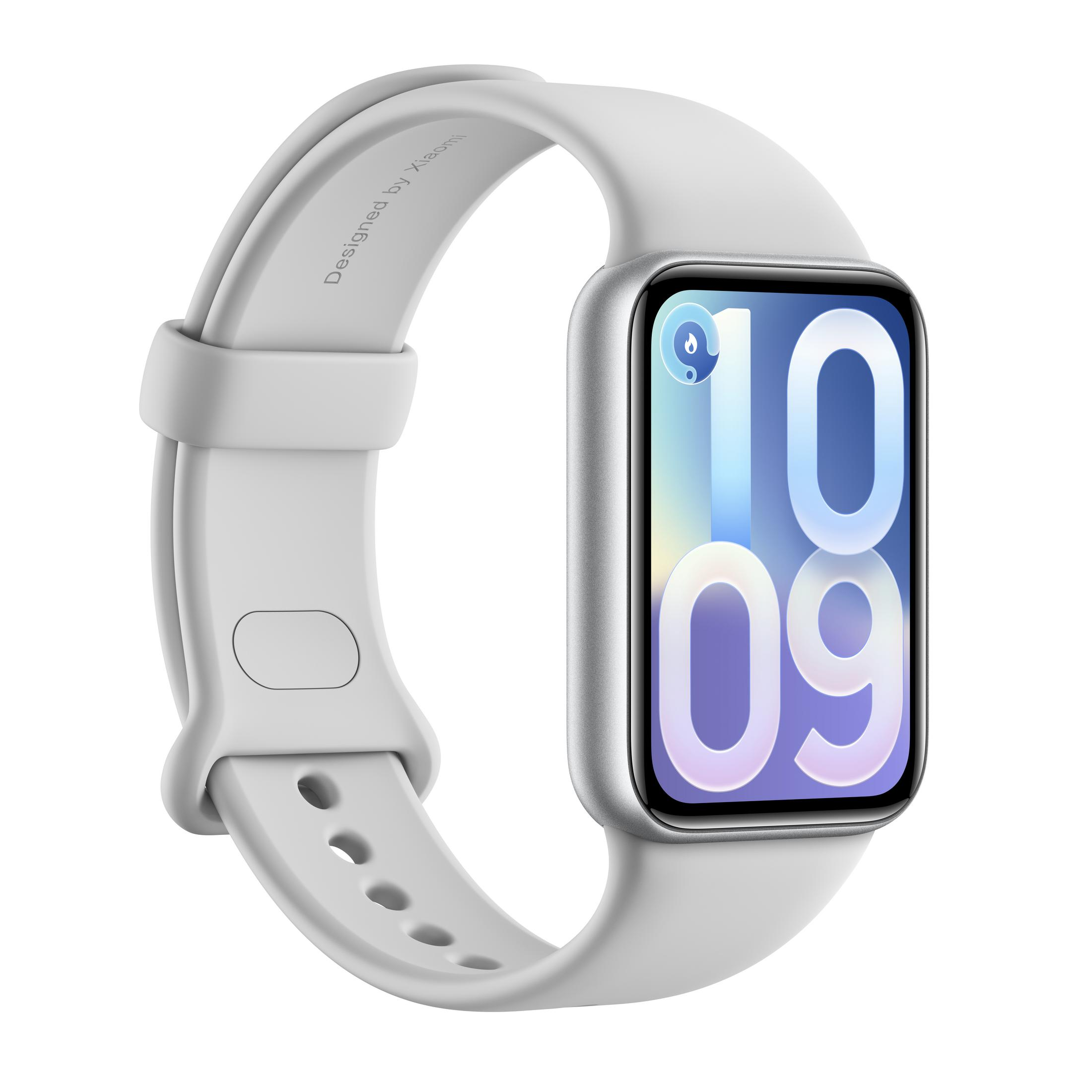 Un braccialetto smart bianco con cornice argentata e display digitale che mostra le 10:09.
