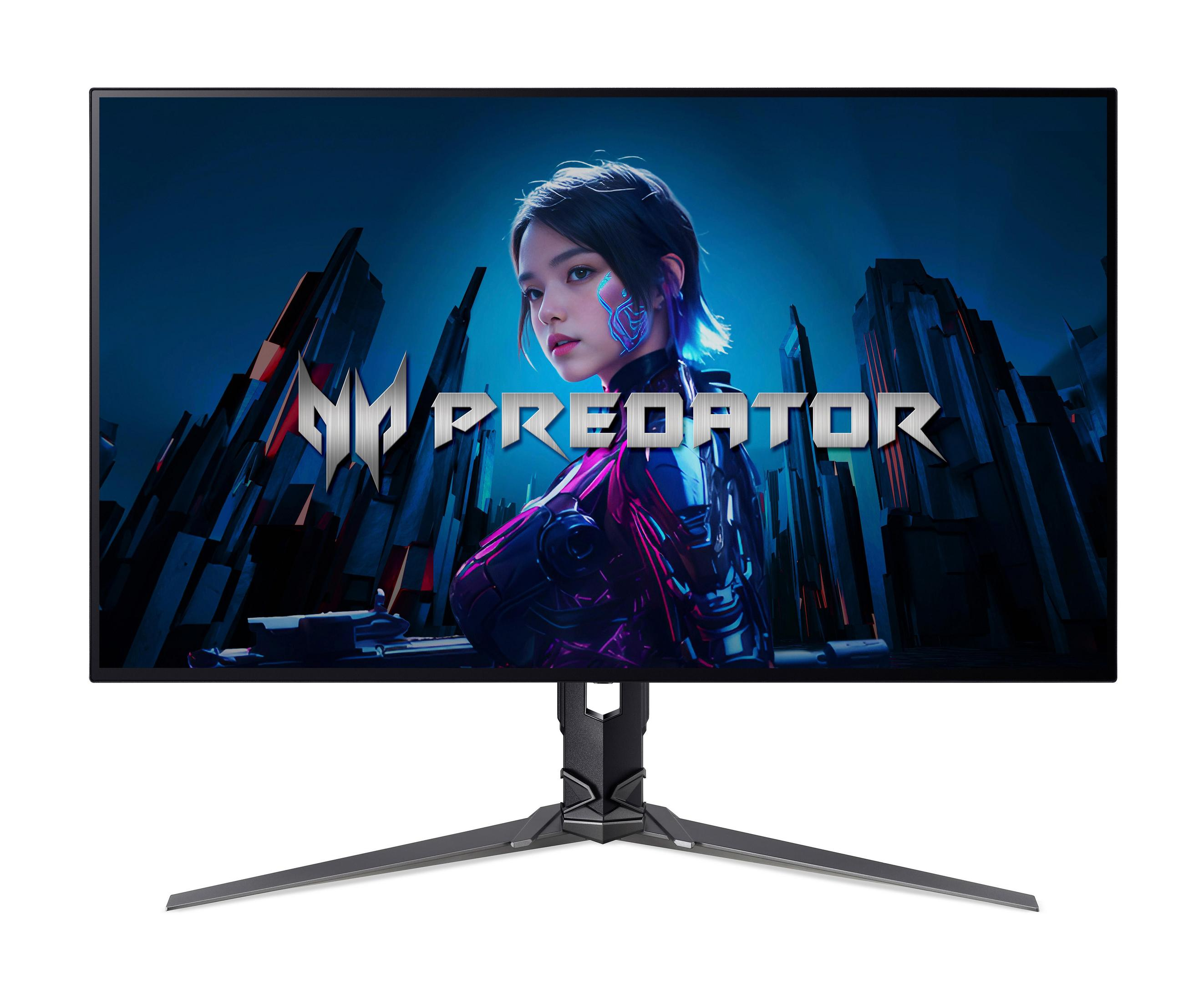 Monitor gamingowy wyświetla kobietę z niebieskimi zdobieniami twarzy, z tekstem PREDATOR z przodu.