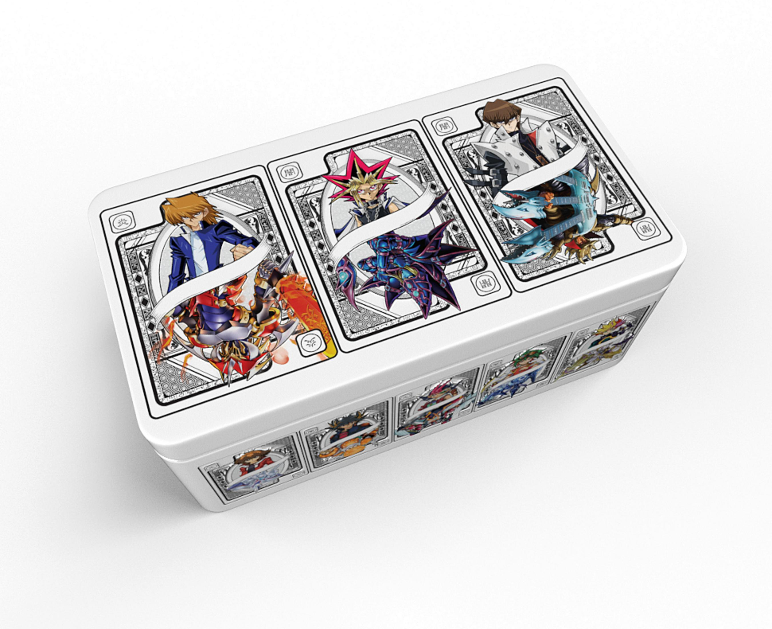 Weiße Blechdose mit Yu-Gi-Oh!-Charakteren und Monstern oben und an den Seiten.