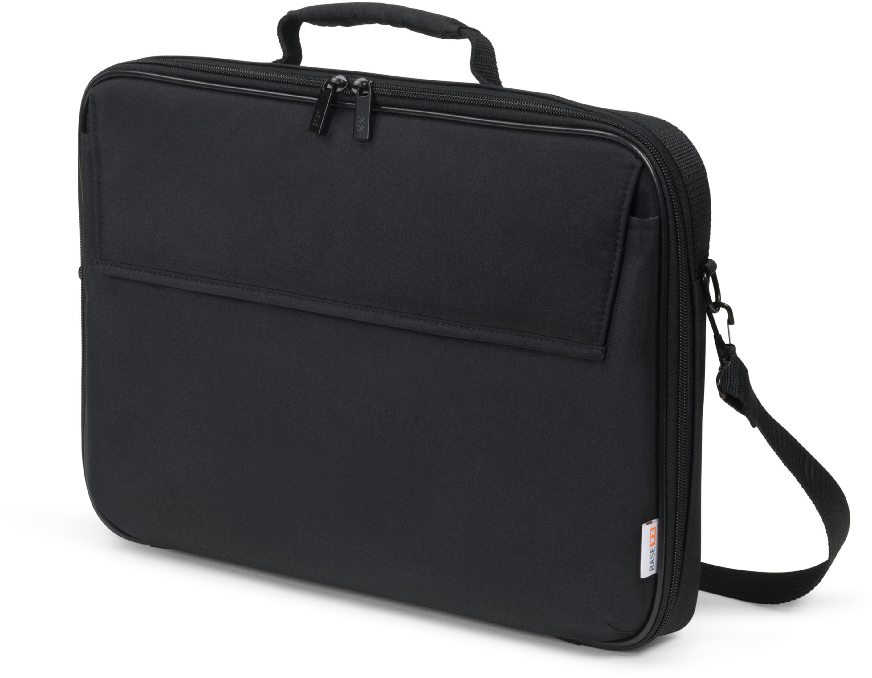 Schwarze Laptoptasche mit Tragegriff und Schultergurt. Weiße Nähte und ein Reißverschluss.