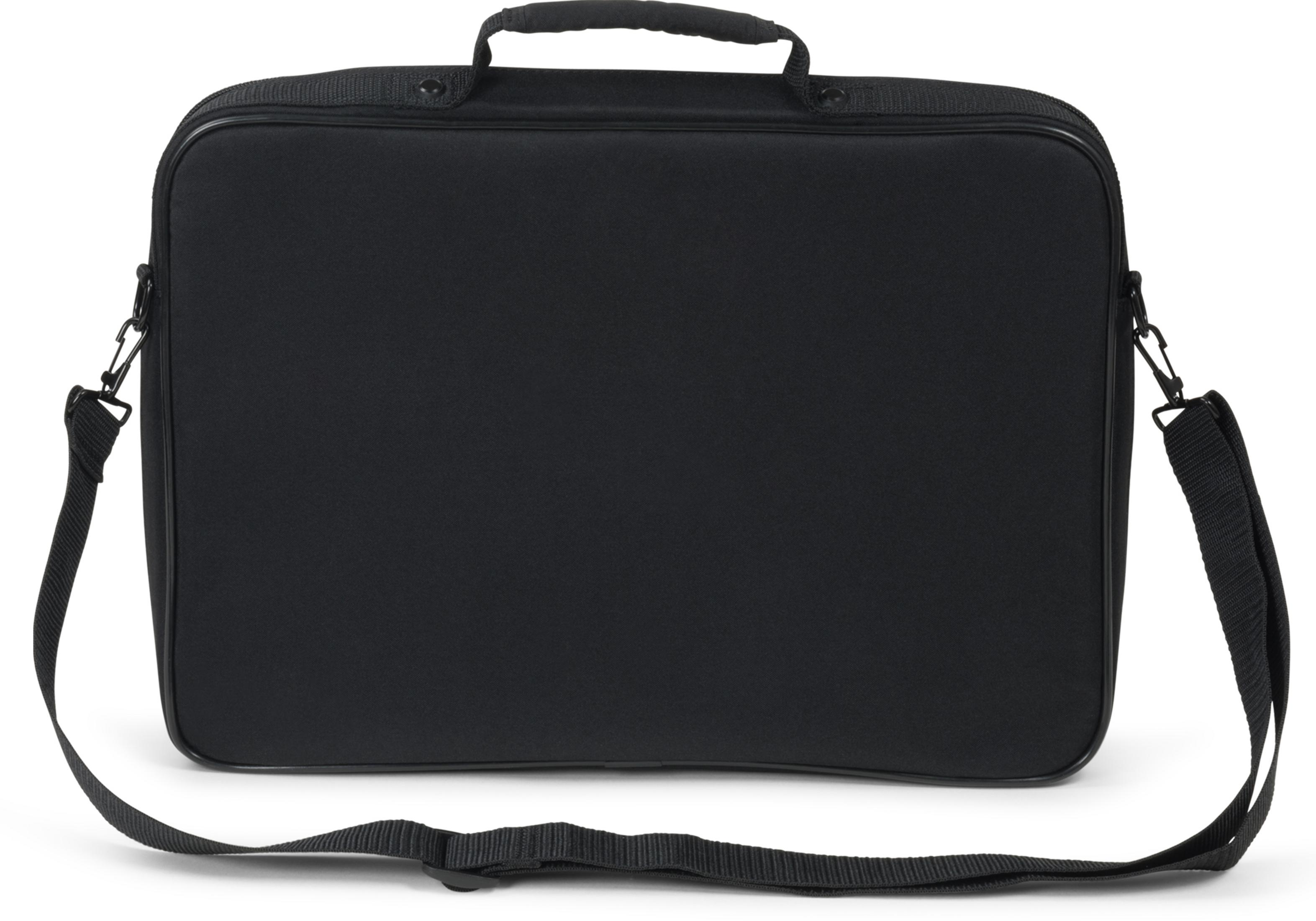 Schwarze Laptoptasche mit Henkel und Umhängegurt, auf weißem Grund.