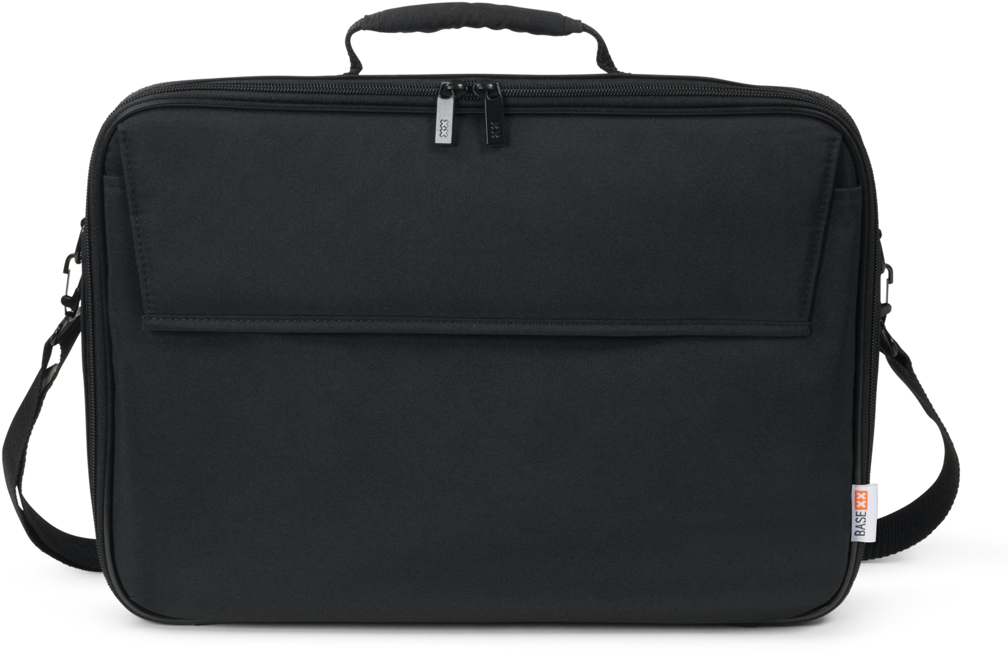 Schwarze Laptoptasche mit Tragegriff, Schultergurt und Reißverschluss.