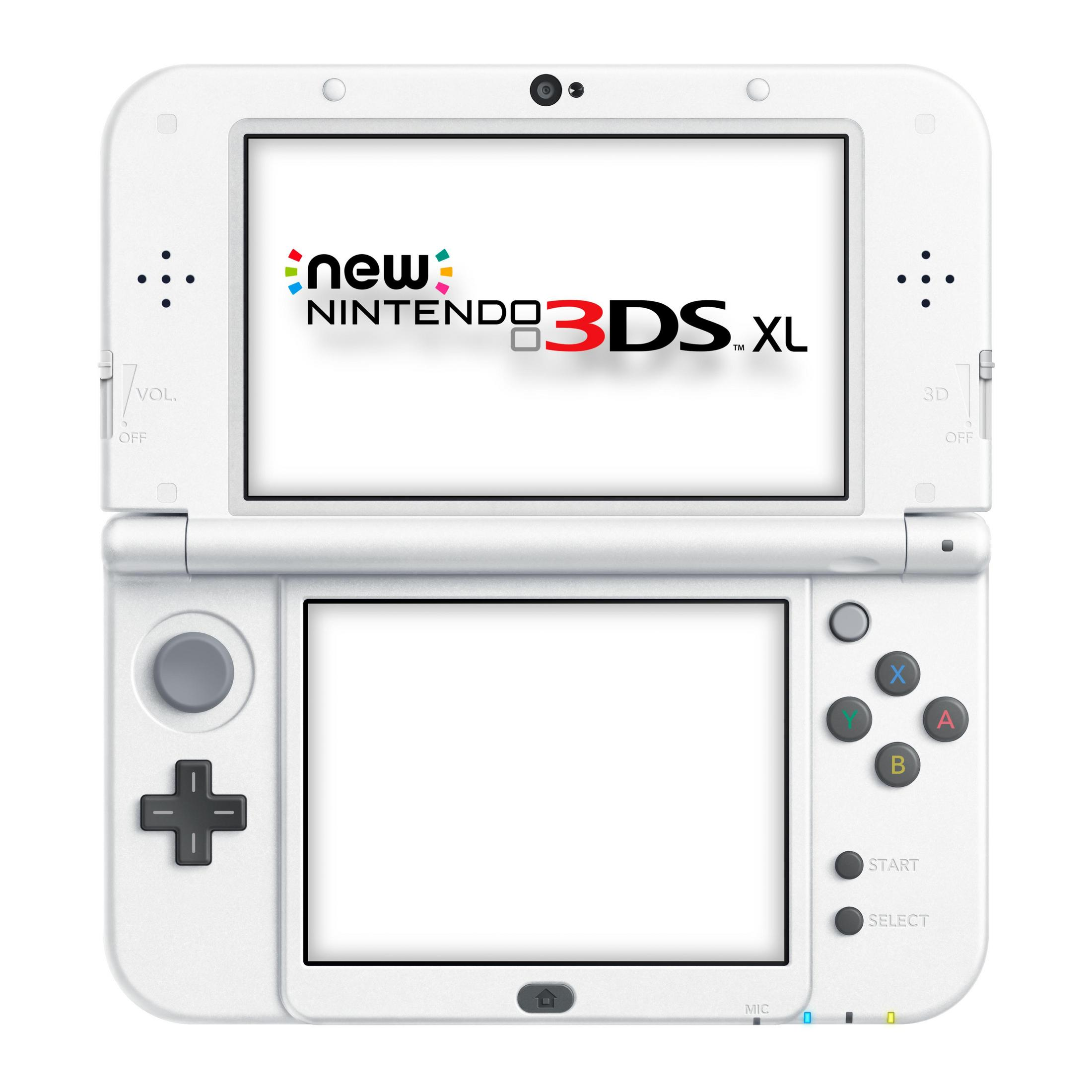 Ein weißes New Nintendo 3DS XL mit leerem Bildschirm und Bedienelementen.