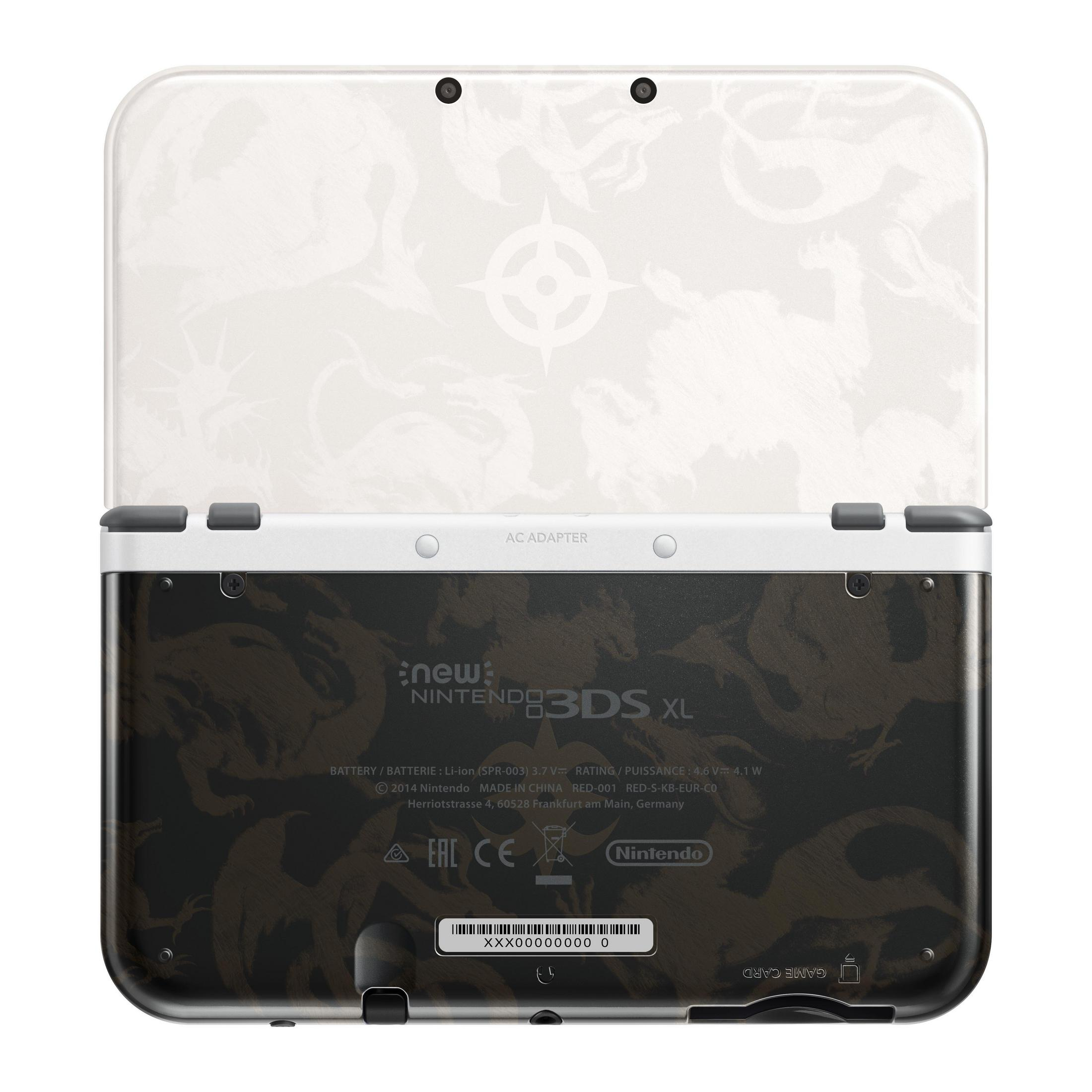 Ein geschlossenes New Nintendo 3DS XL mit Drachenmuster und technischen Details.