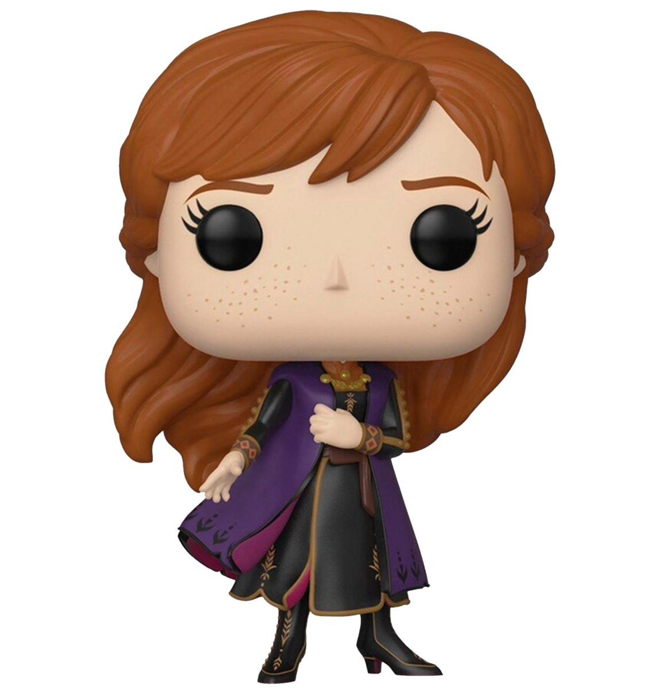Action figure Funko Pop di Anna con capelli rossi, lentiggini, mantello viola su abito nero.