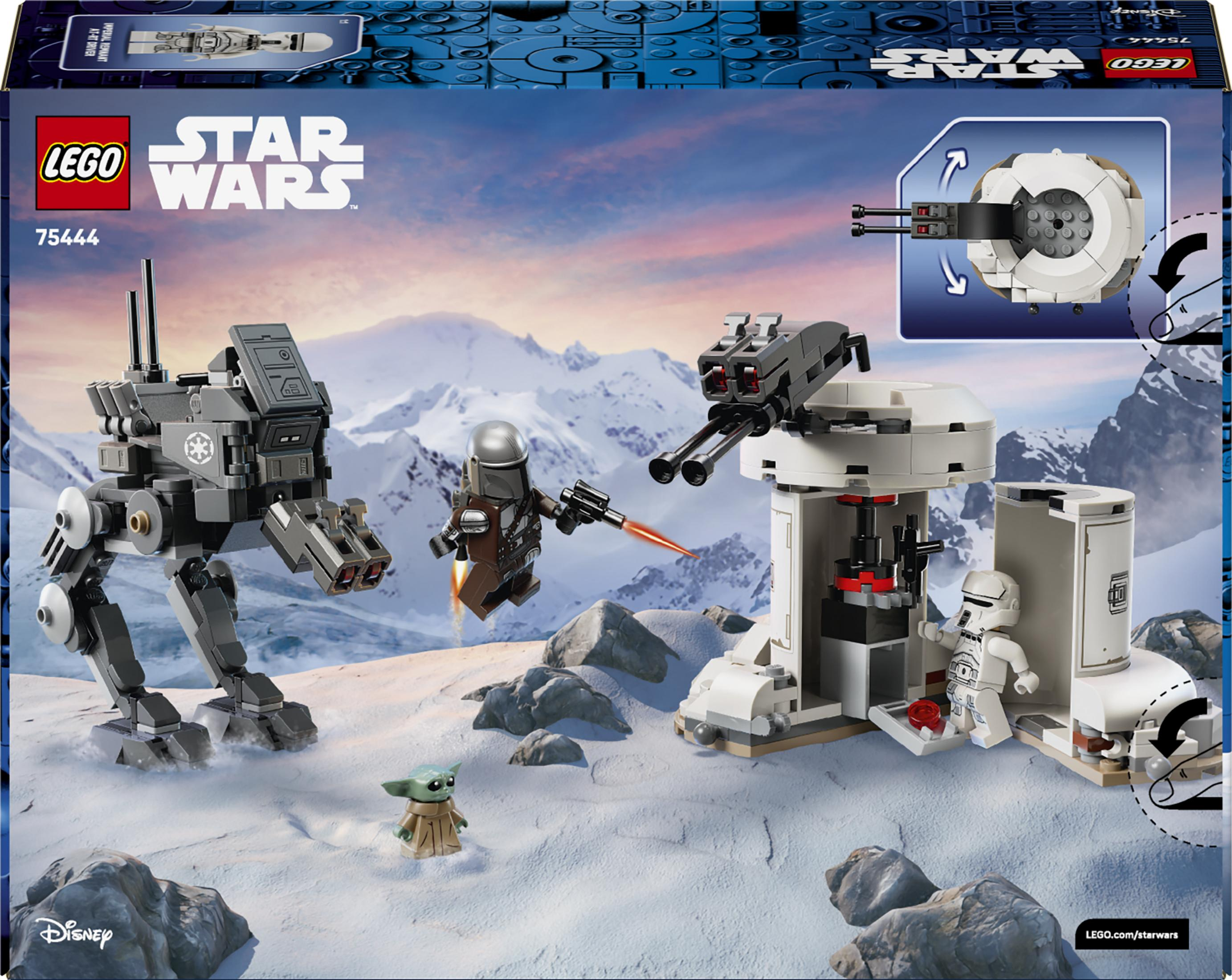Karlı arazide AT-ST, Mandalorian, Grogu ve fırtına askerli Lego Star Wars seti.