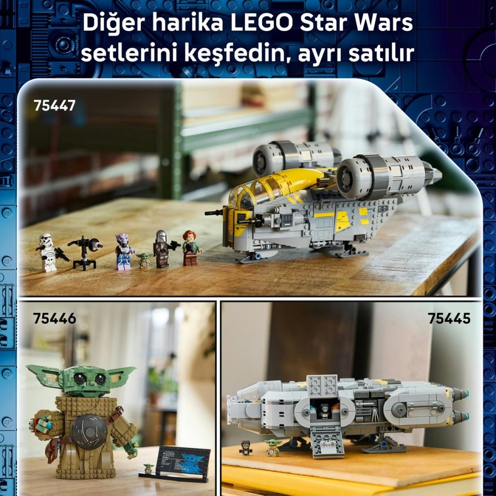 LEGO Star Wars Setleri: 75447 figürlü, 75446 Bebek Yoda, 75445 uzay gemisi.