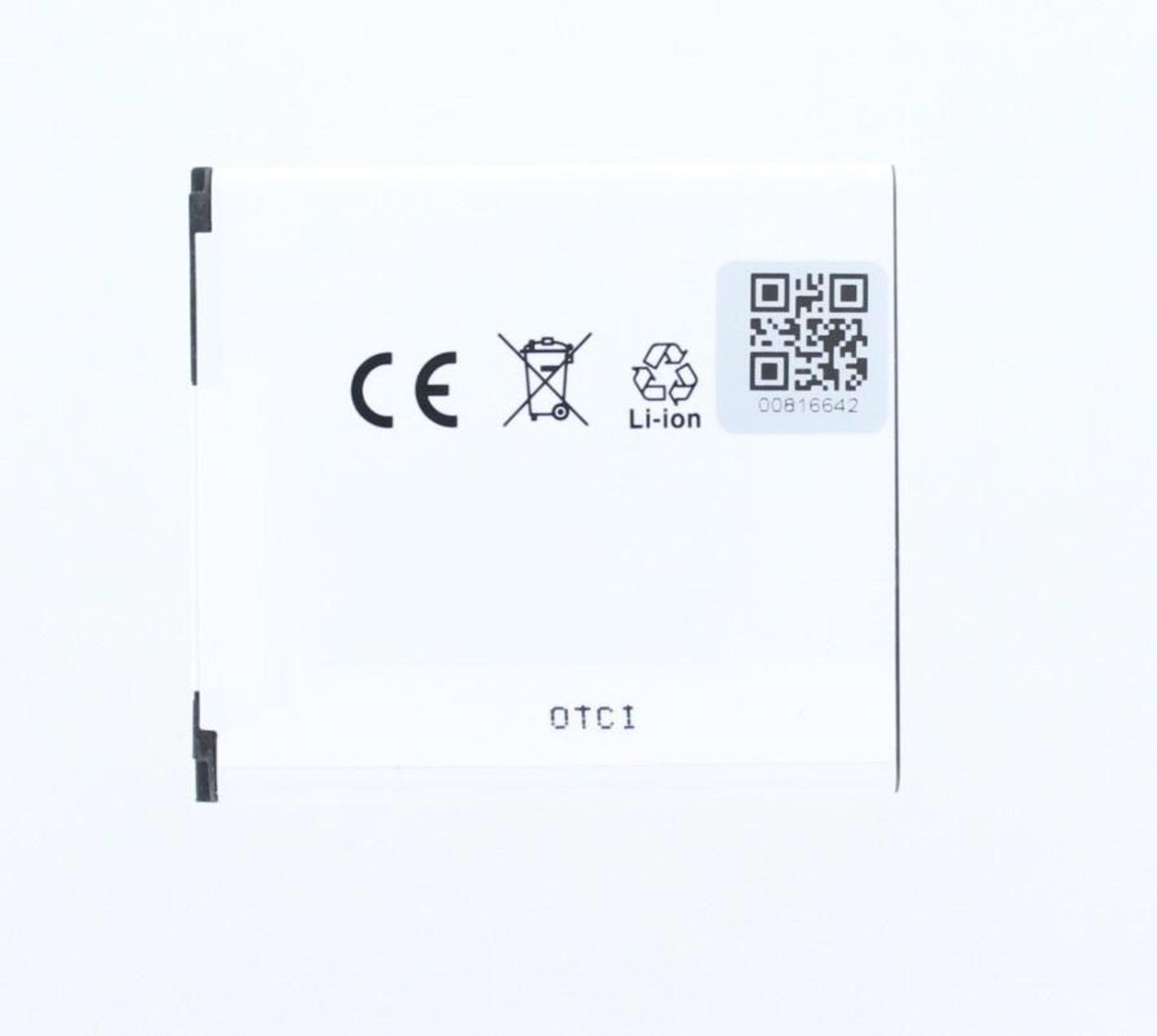 Weiße Batterie mit CE-Siegel, Warnsymbol und QR-Code.