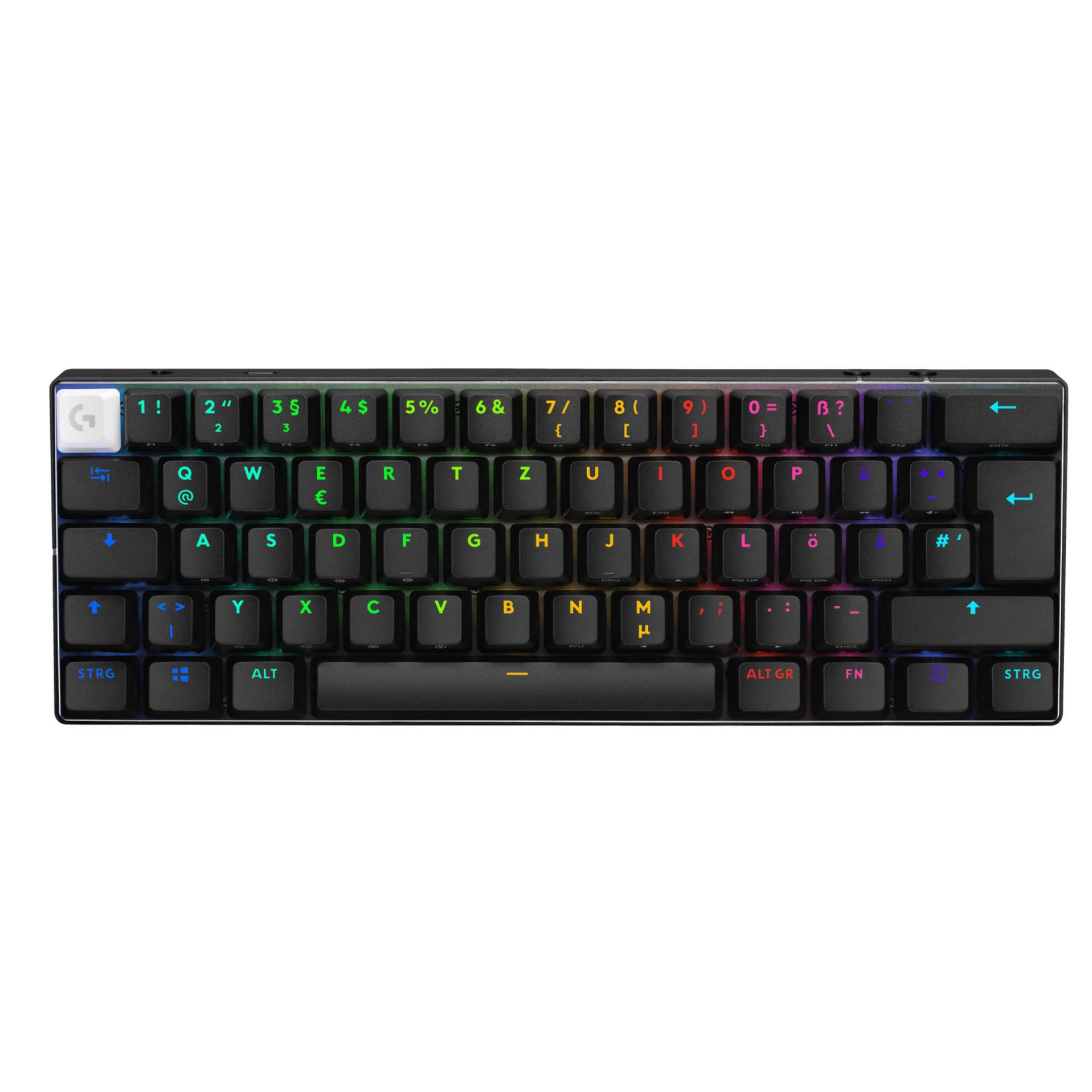 Una tastiera meccanica nera con illuminazione RGB e logo G.