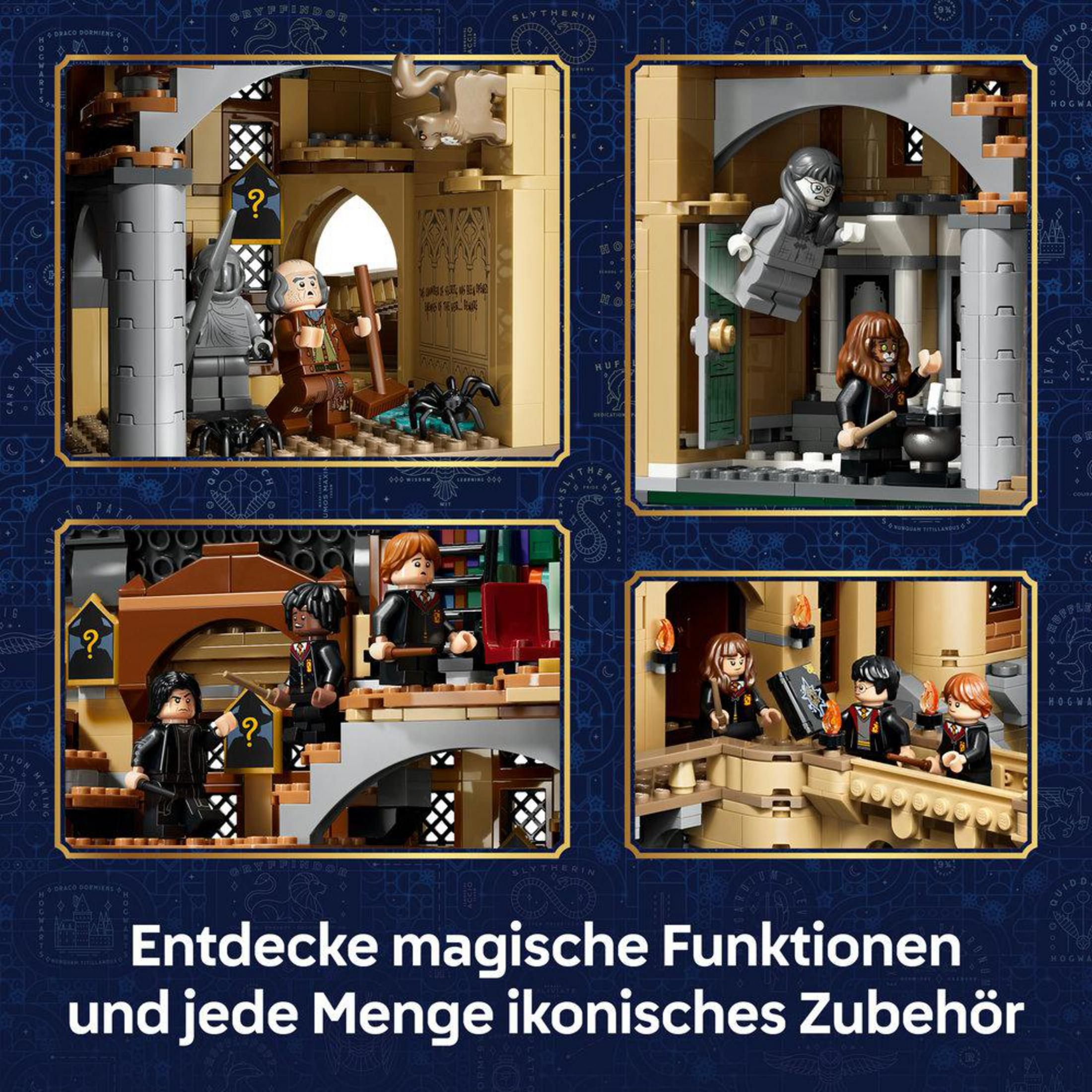 Quattro scene LEGO di Harry Potter: un professore, un fantasma, studenti e Hagrid.