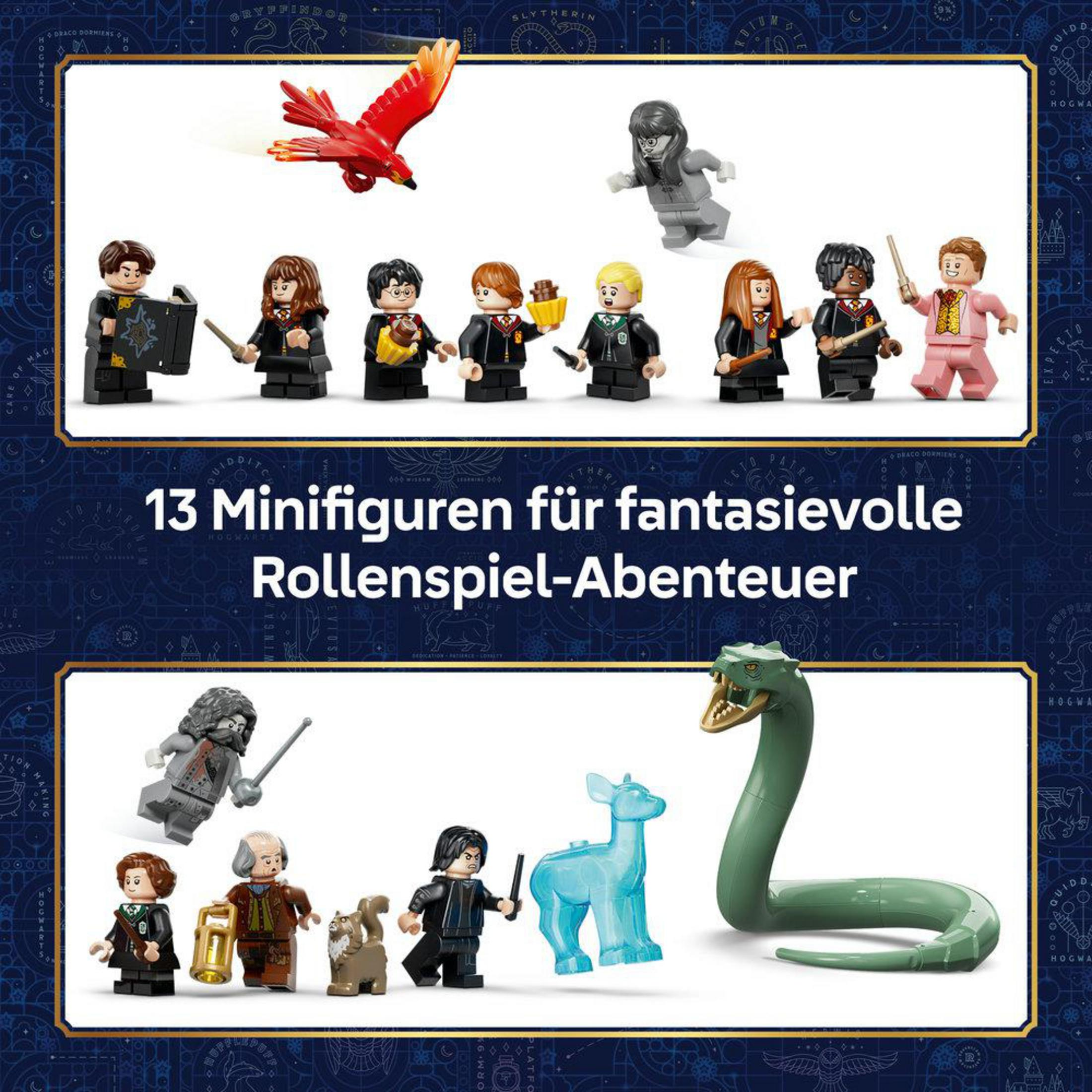 Minifigure Lego: 13 figure tra cui una fenice, Hagrid, Harry Potter e un basilisco verde.