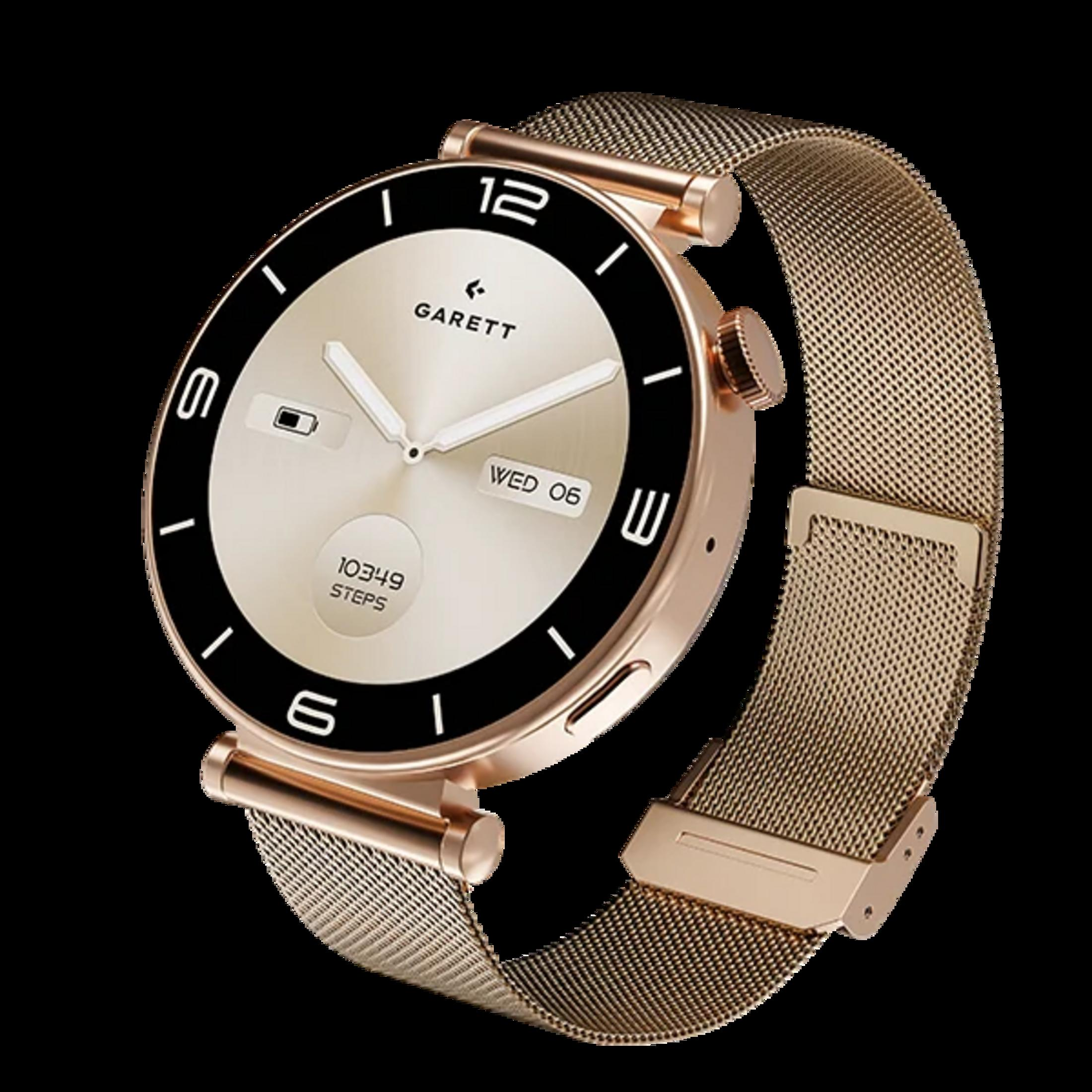 Smartwatch Garett con cinturino in maglia dorata e quadrante rotondo.