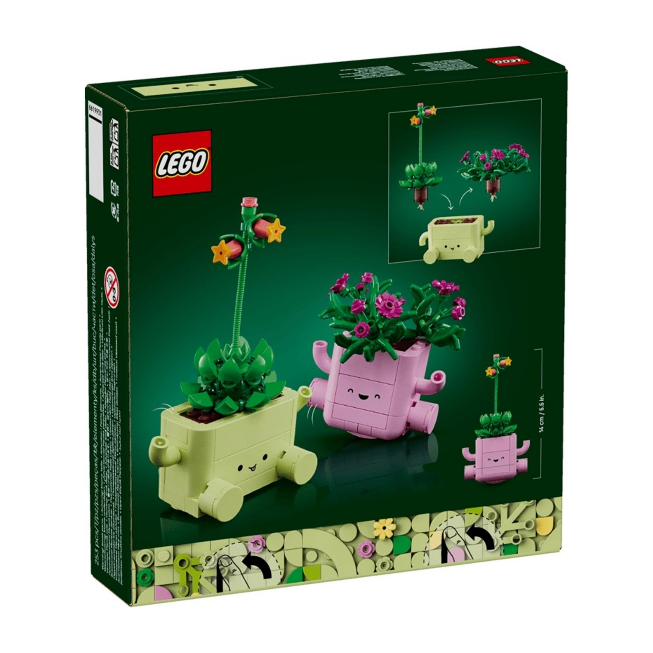 İki sevimli saksı bitkisini gösteren LEGO seti, biri pembe, biri açık yeşil.